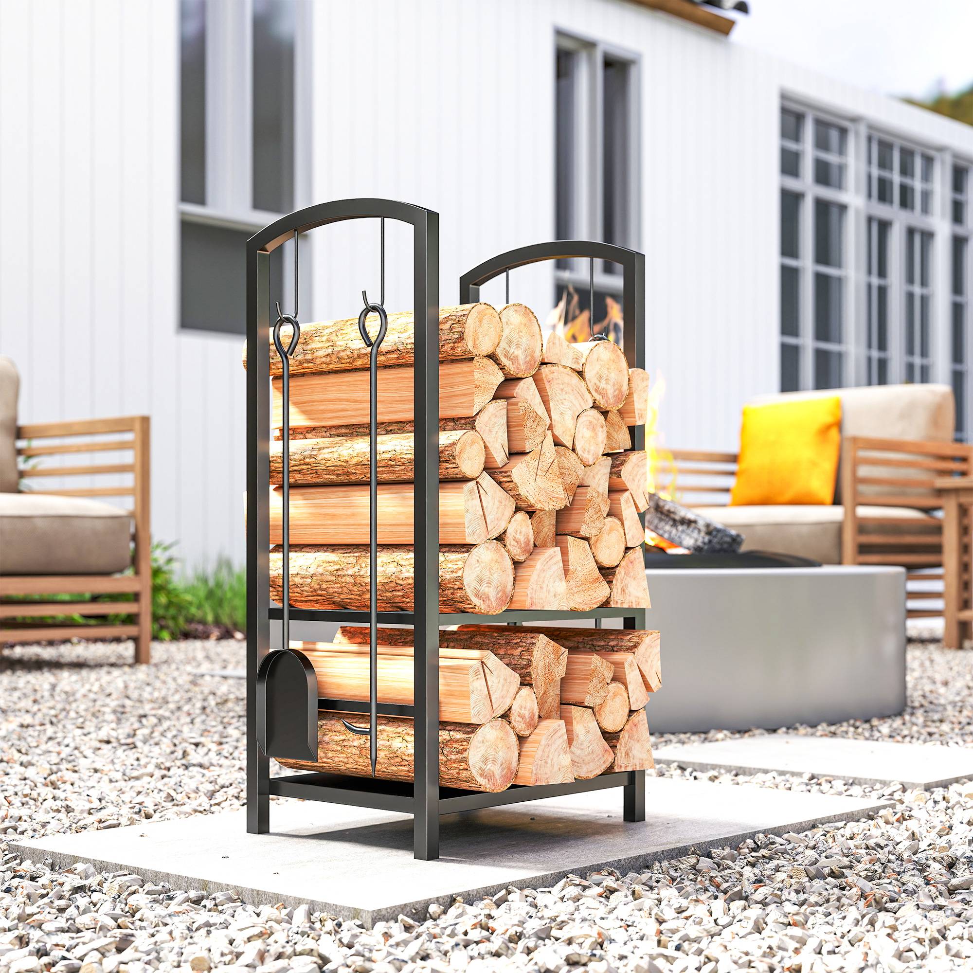 ComfortXL - Serviteur de cheminée range-bûches en métal noir 40 x 30 x 74,5 cm avec 2 étagères et 4 outils pour foyer - Image 8