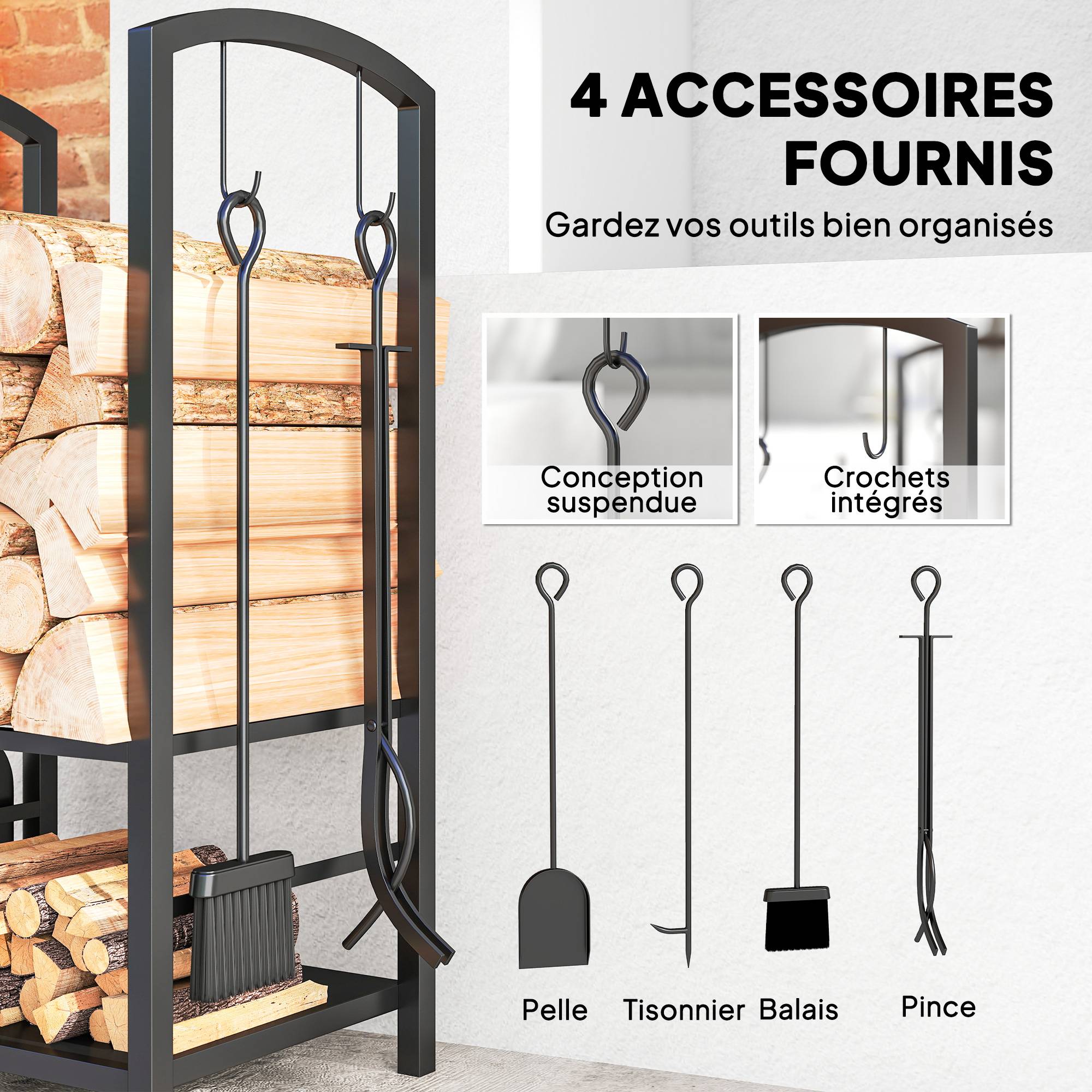 ComfortXL - Serviteur de cheminée range-bûches en métal noir 40 x 30 x 74,5 cm avec 2 étagères et 4 outils pour foyer - Image 5