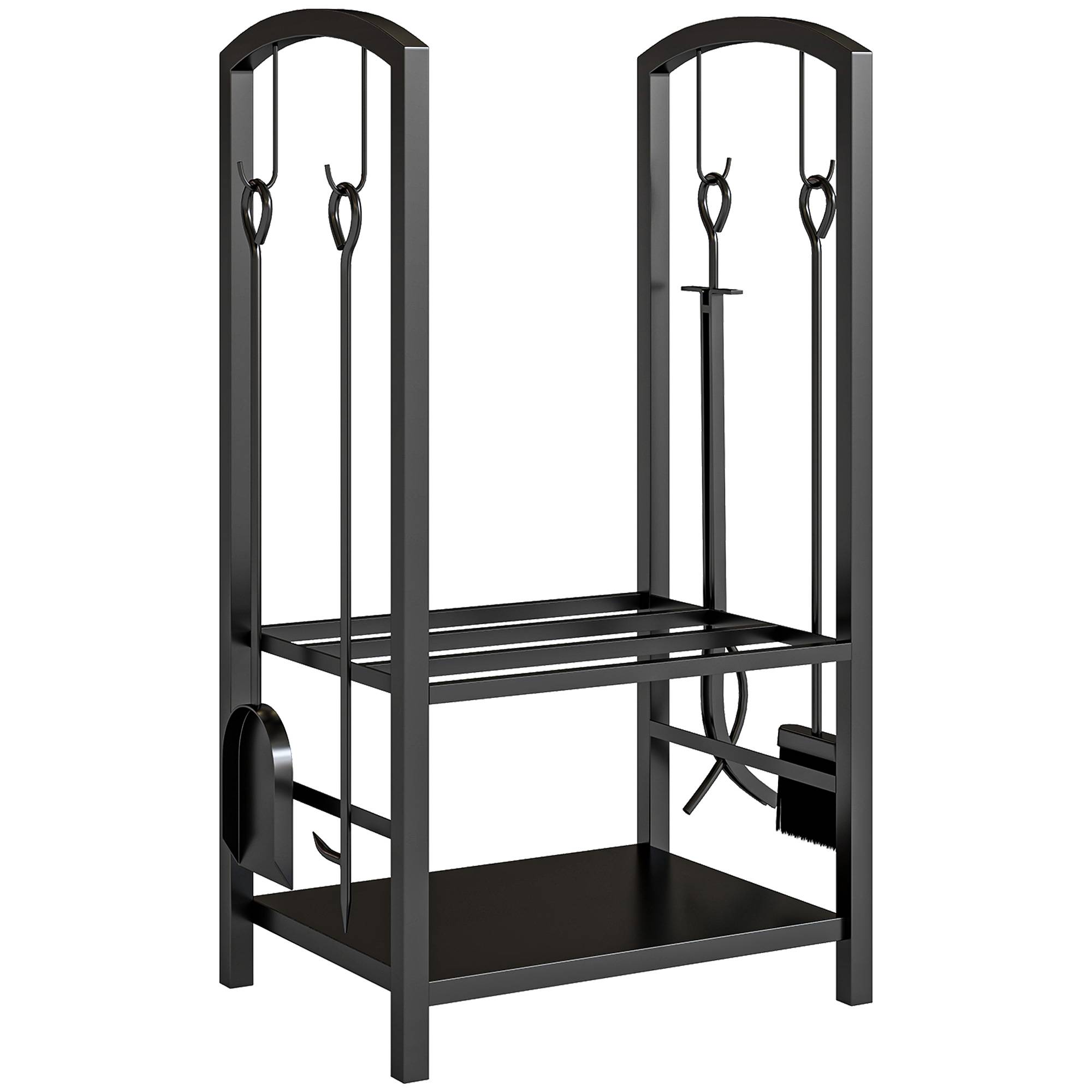 ComfortXL - Serviteur de cheminée range-bûches en métal noir 40 x 30 x 74,5 cm avec 2 étagères et 4 outils pour foyer - Image 10