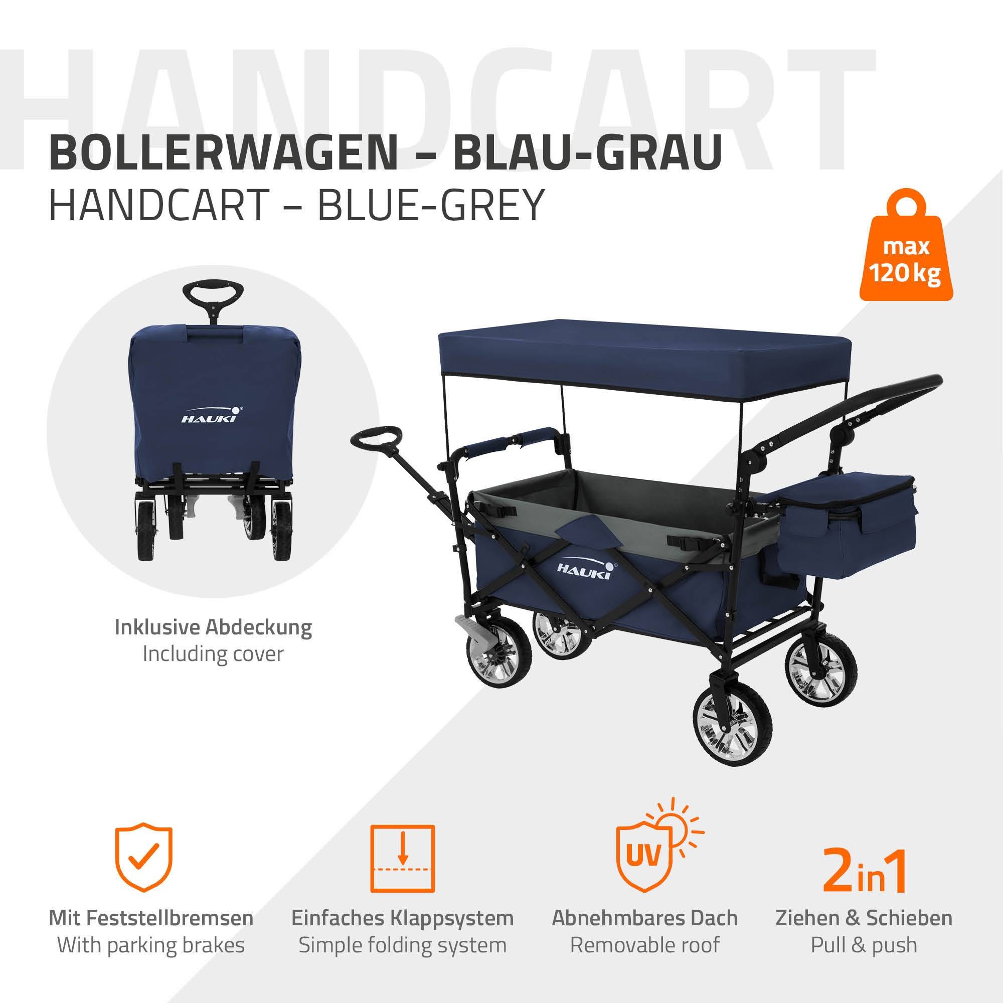 Chariot pliable avec toit bleu-gris poussette de plage avec poches et siège à 2 places roulette avec freins pivotante 360° charge 120 kg pour enfant - Imagen 3