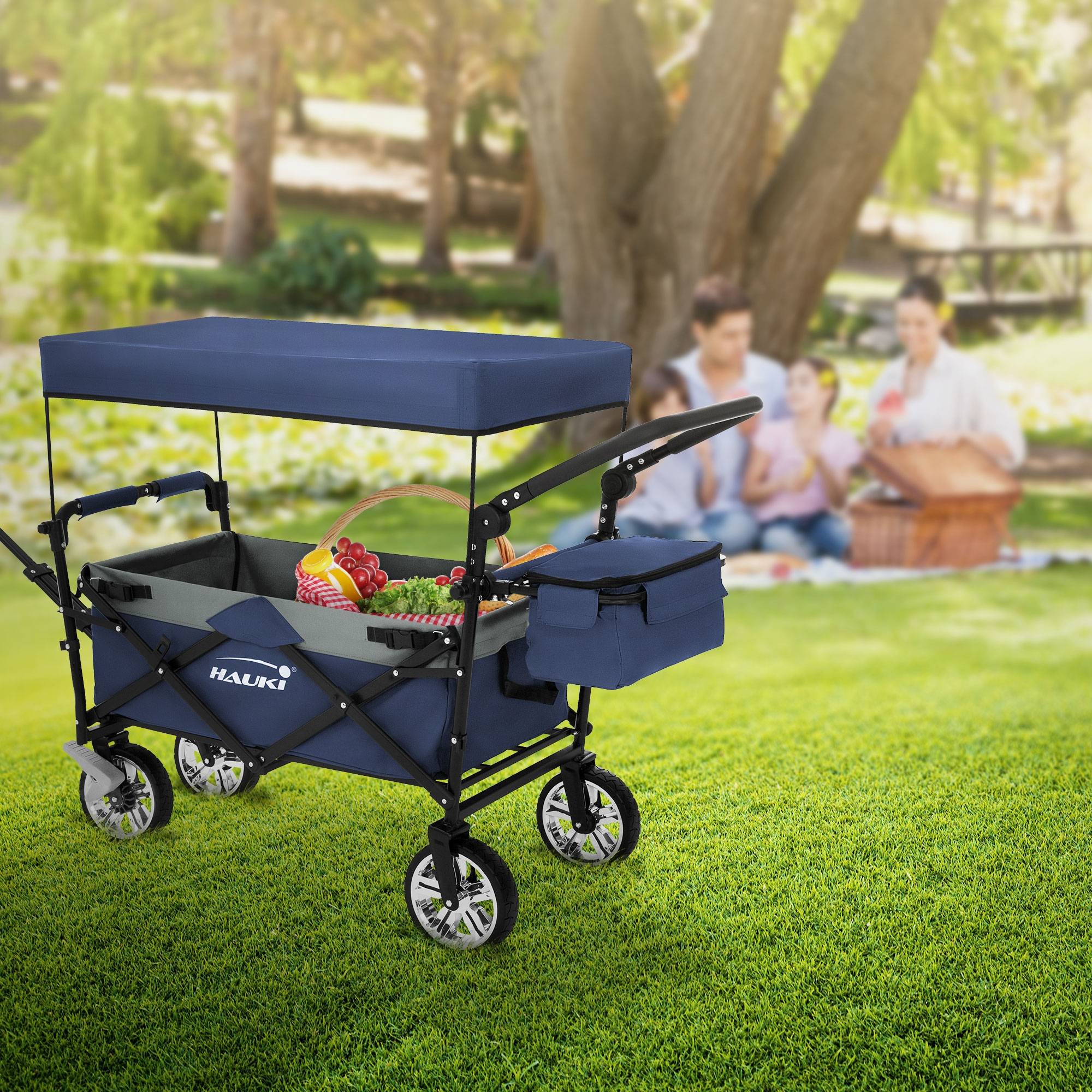 Chariot pliable avec toit bleu-gris poussette de plage avec poches et siège à 2 places roulette avec freins pivotante 360° charge 120 kg pour enfant - Imagen 1