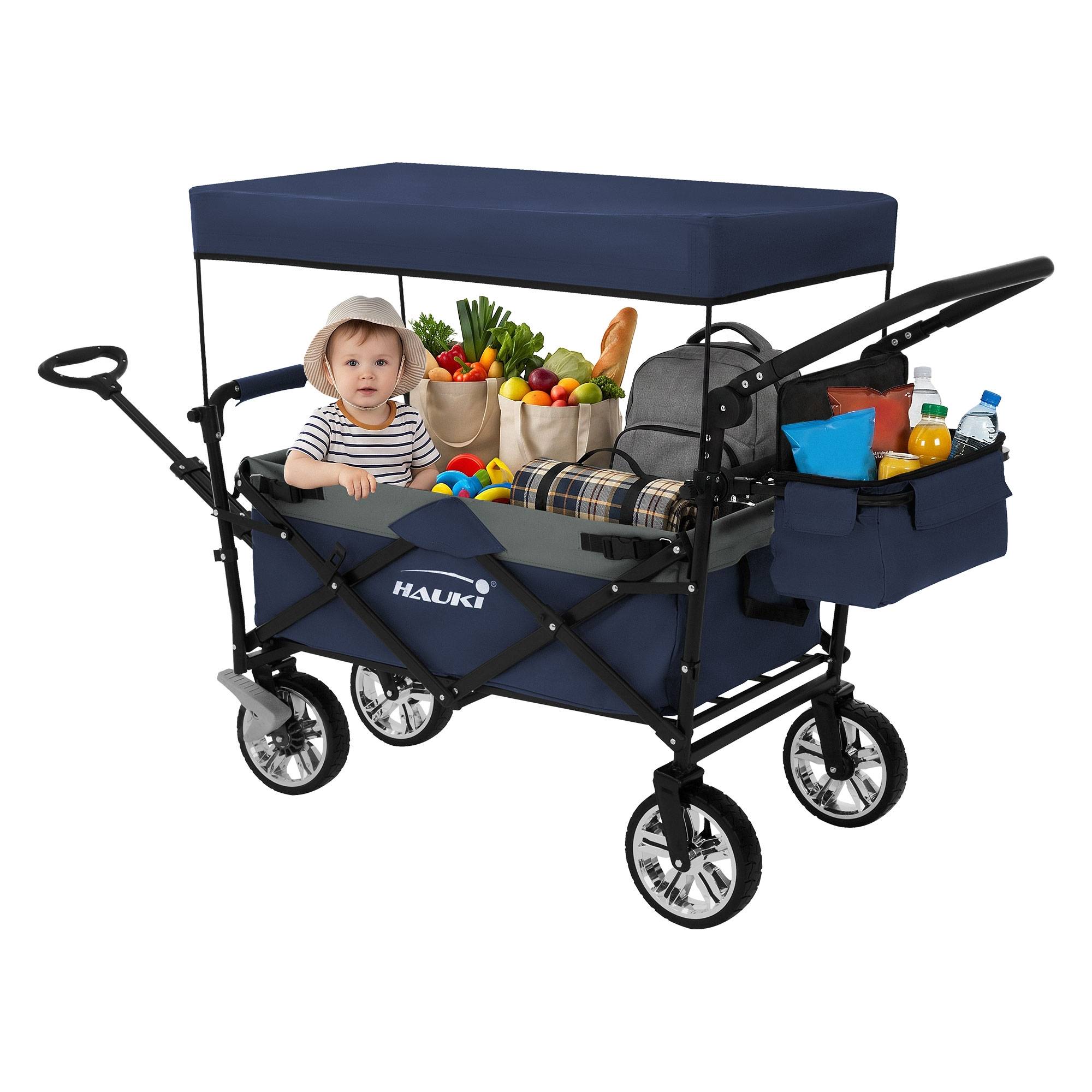 Chariot pliable avec toit bleu-gris poussette de plage avec poches et siège à 2 places roulette avec freins pivotante 360° charge 120 kg pour enfant - Imagen 9