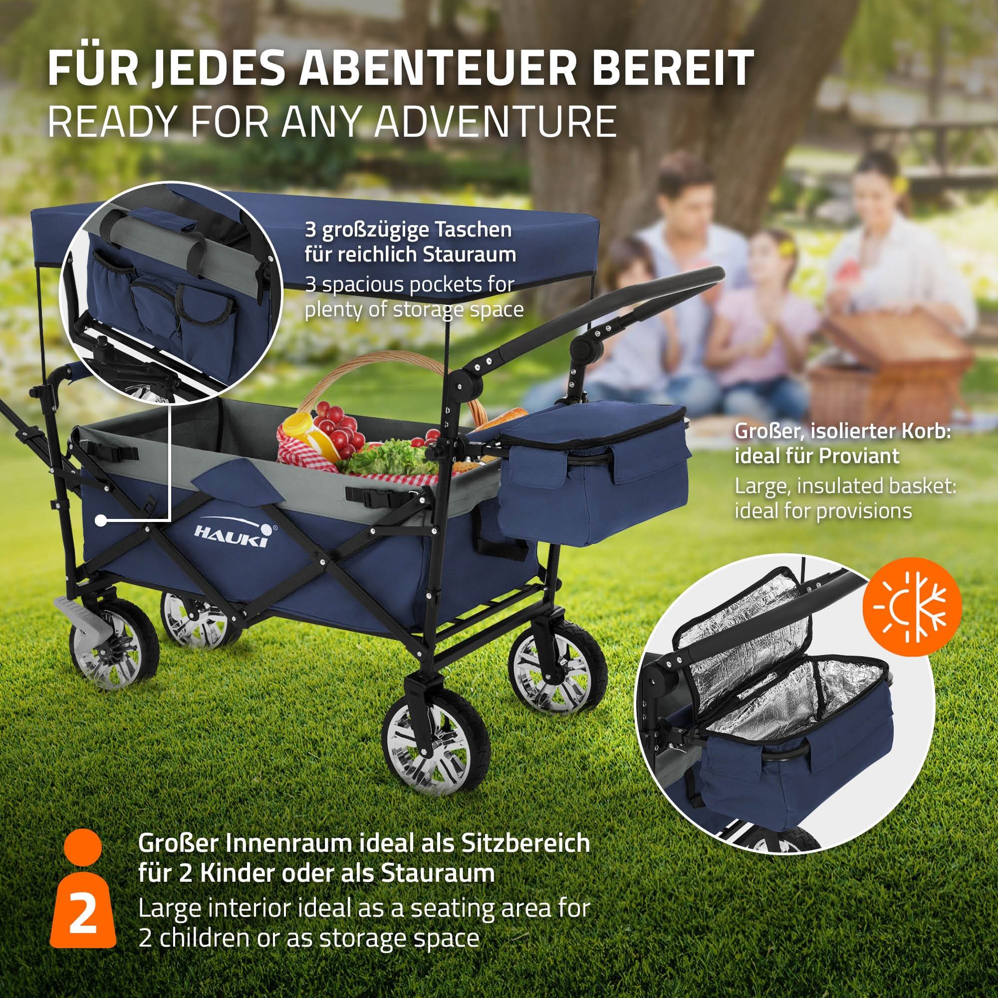 Chariot pliable avec toit bleu-gris poussette de plage avec poches et siège à 2 places roulette avec freins pivotante 360° charge 120 kg pour enfant - Imagen 6