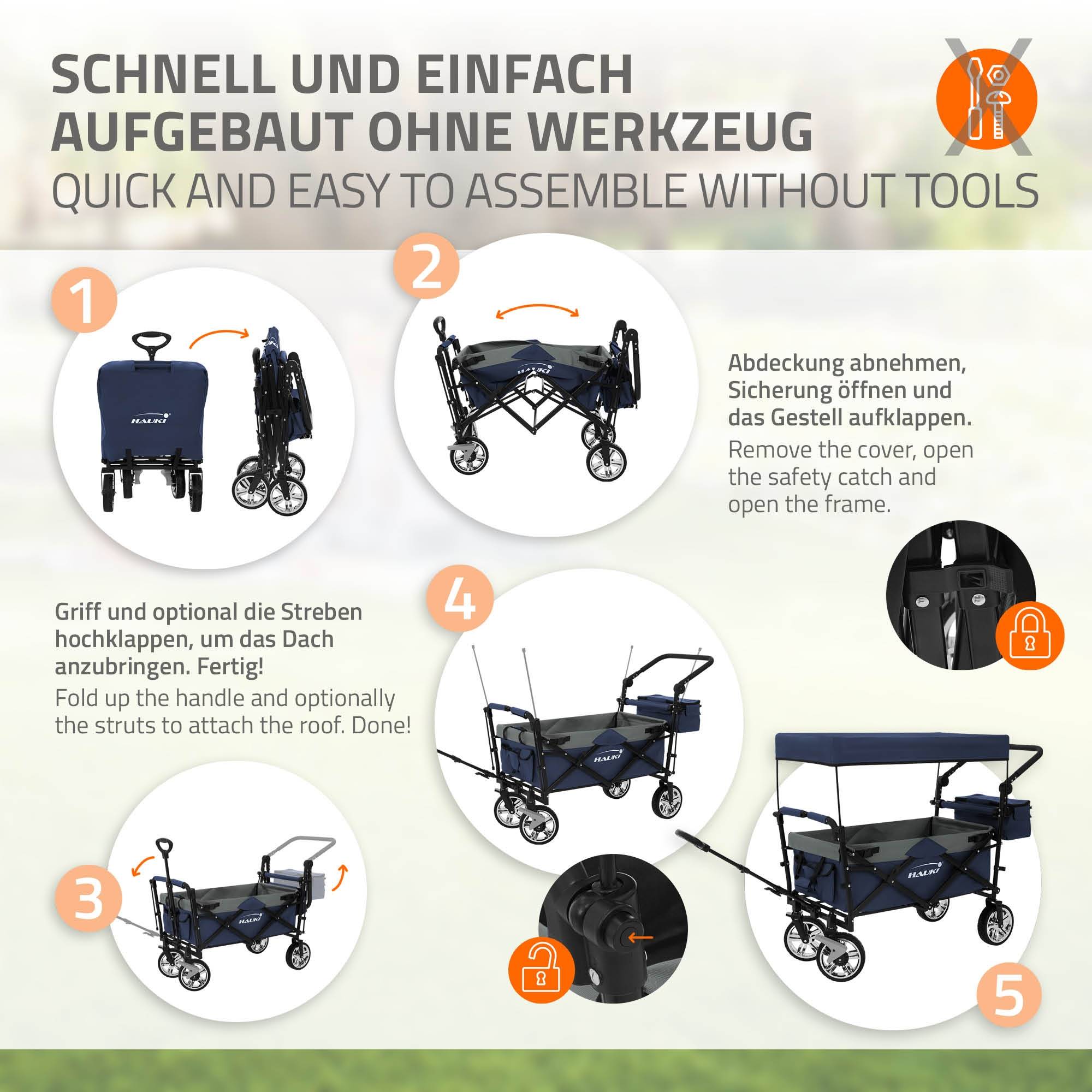 Chariot pliable avec toit bleu-gris poussette de plage avec poches et siège à 2 places roulette avec freins pivotante 360° charge 120 kg pour enfant - Imagen 5