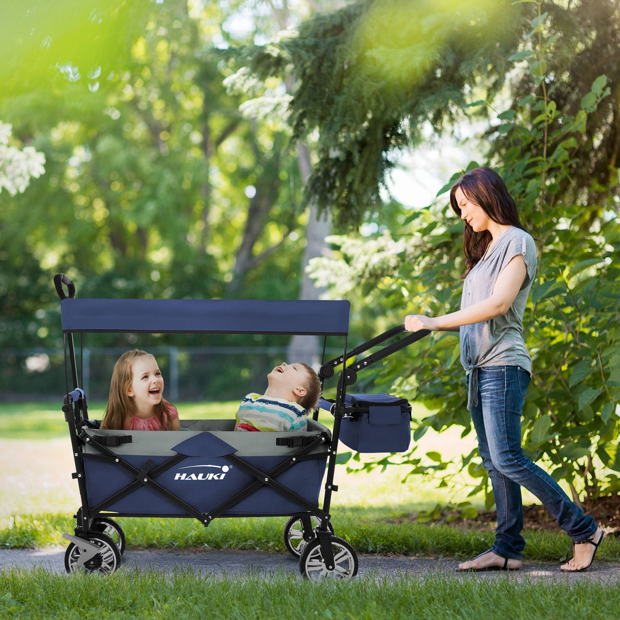Chariot pliable avec toit bleu-gris poussette de plage avec poches et siège à 2 places roulette avec freins pivotante 360° charge 120 kg pour enfant - Imagen 10