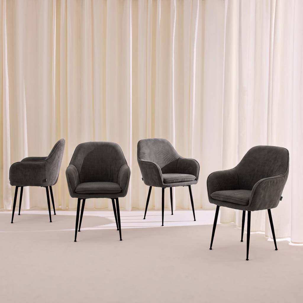 sweeek - Lot de 4 fauteuils en velours côtelé gris foncé et pieds en métal noir mat. L 57 x P 59 x H 84.5cm | sweeek - Image 1