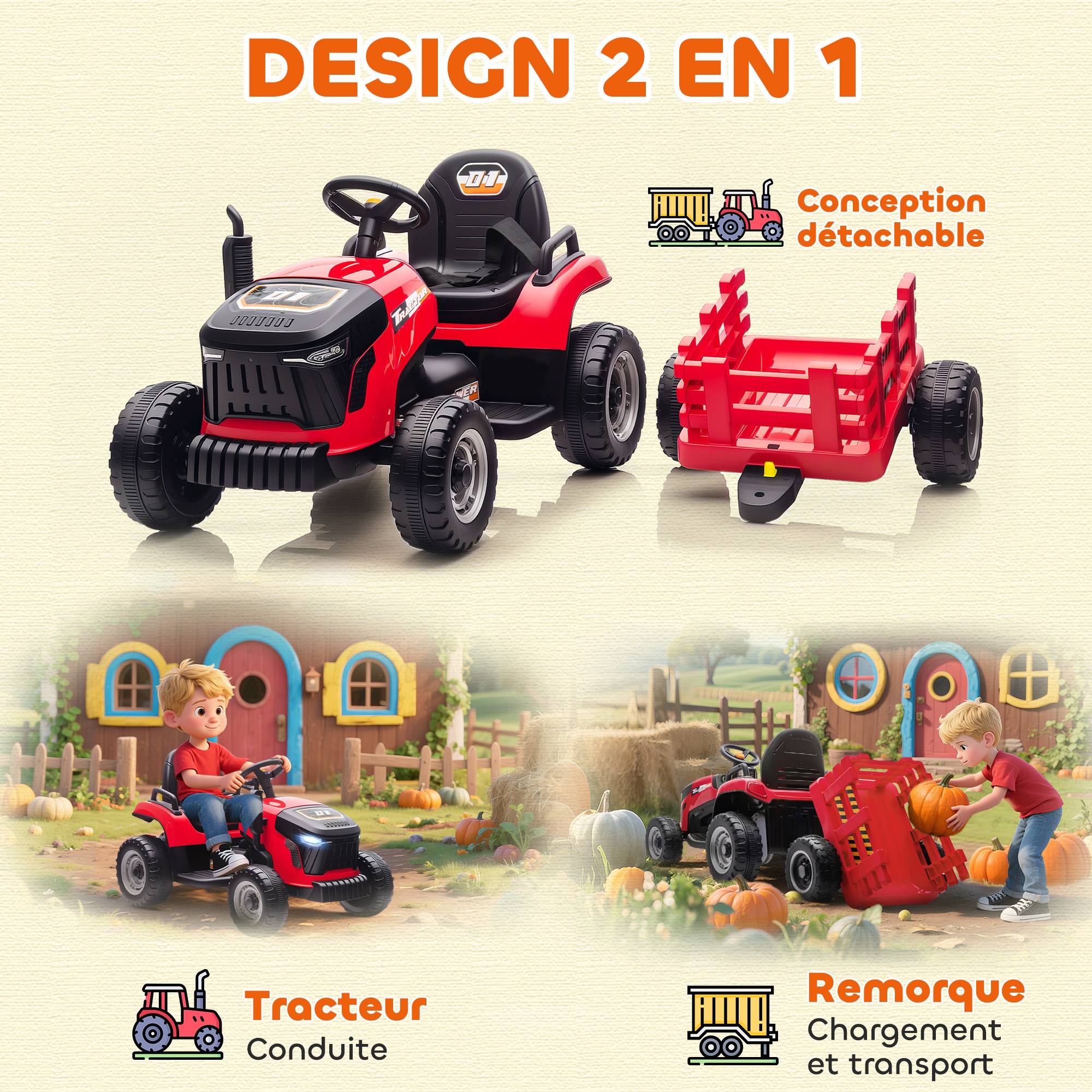 Tracteur électrique enfants avec remorque amovible, voiture électrique enfants, télécommande 2,4G, 139x58x55cm - Image 7
