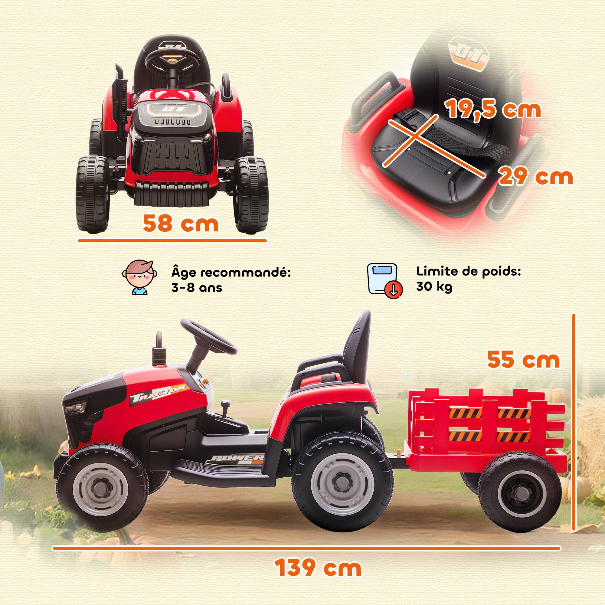 Tracteur électrique enfants avec remorque amovible, voiture électrique enfants, télécommande 2,4G, 139x58x55cm - Image 5