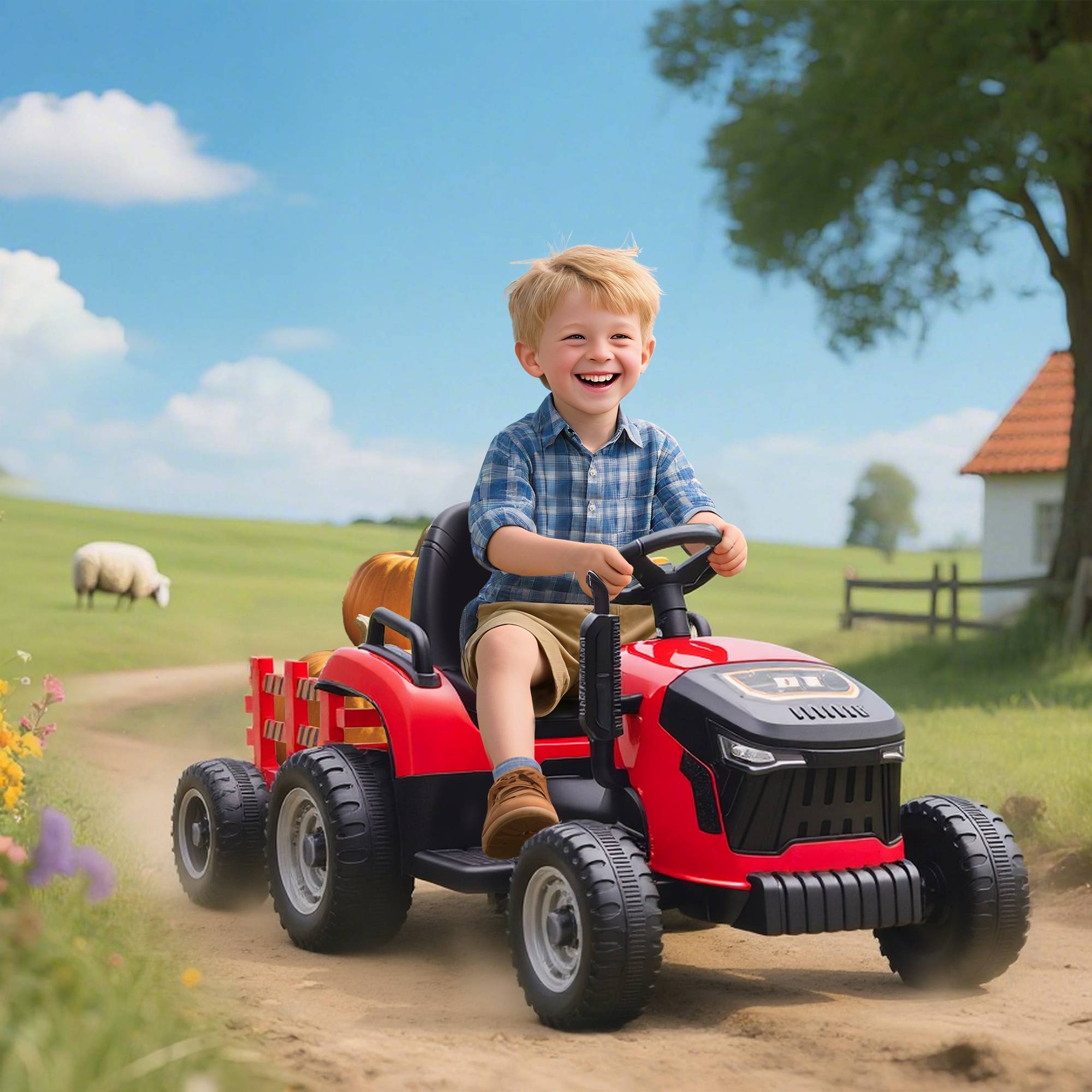 Tracteur électrique enfants avec remorque amovible, voiture électrique enfants, télécommande 2,4G, 139x58x55cm - Image 4