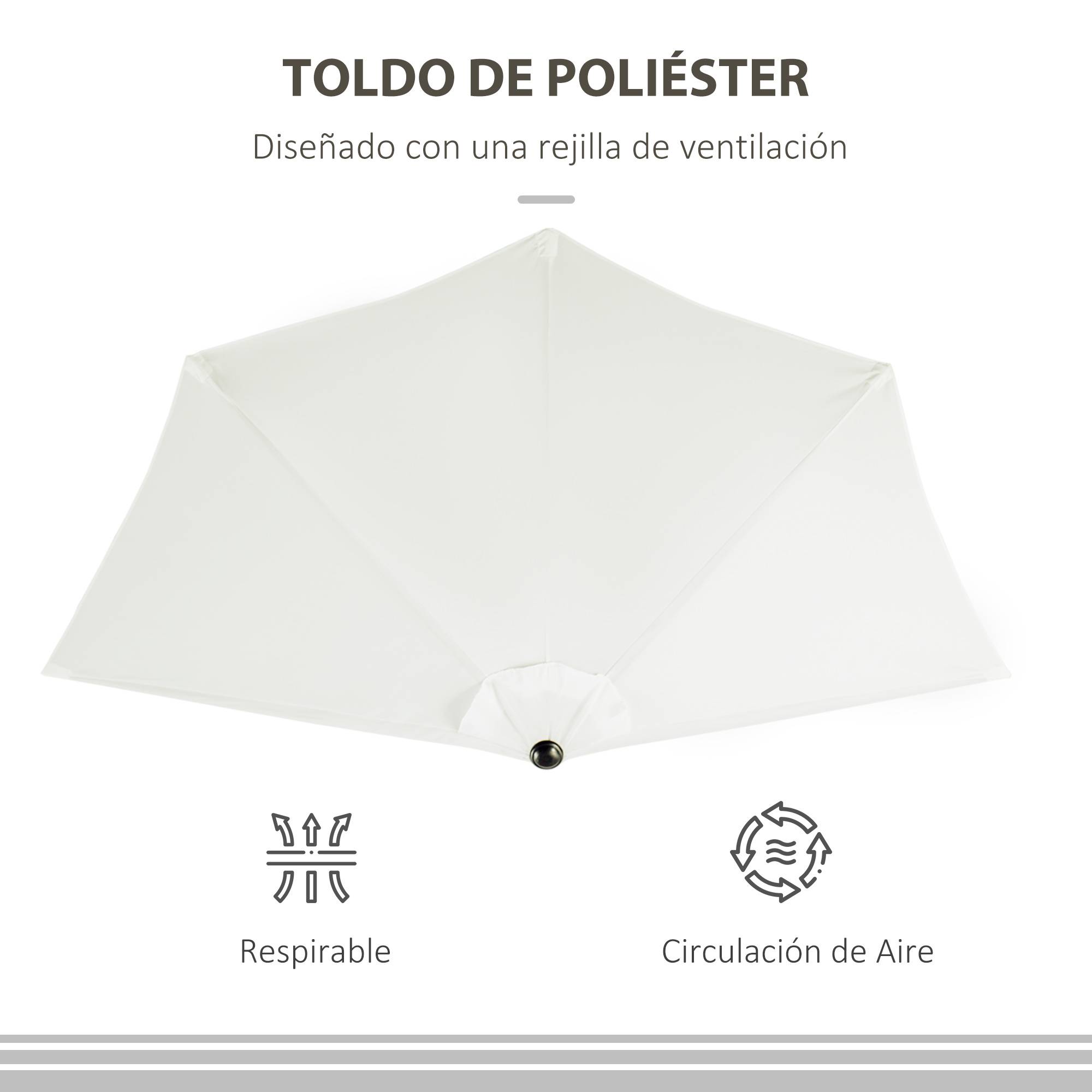 Parasol de jardin 269 x 138 x 236 cm avec manivelle et forme semi-circulaire, toile polyester 180 g/m² pour terrasse, patio et piscine, couleur crème - Image 8