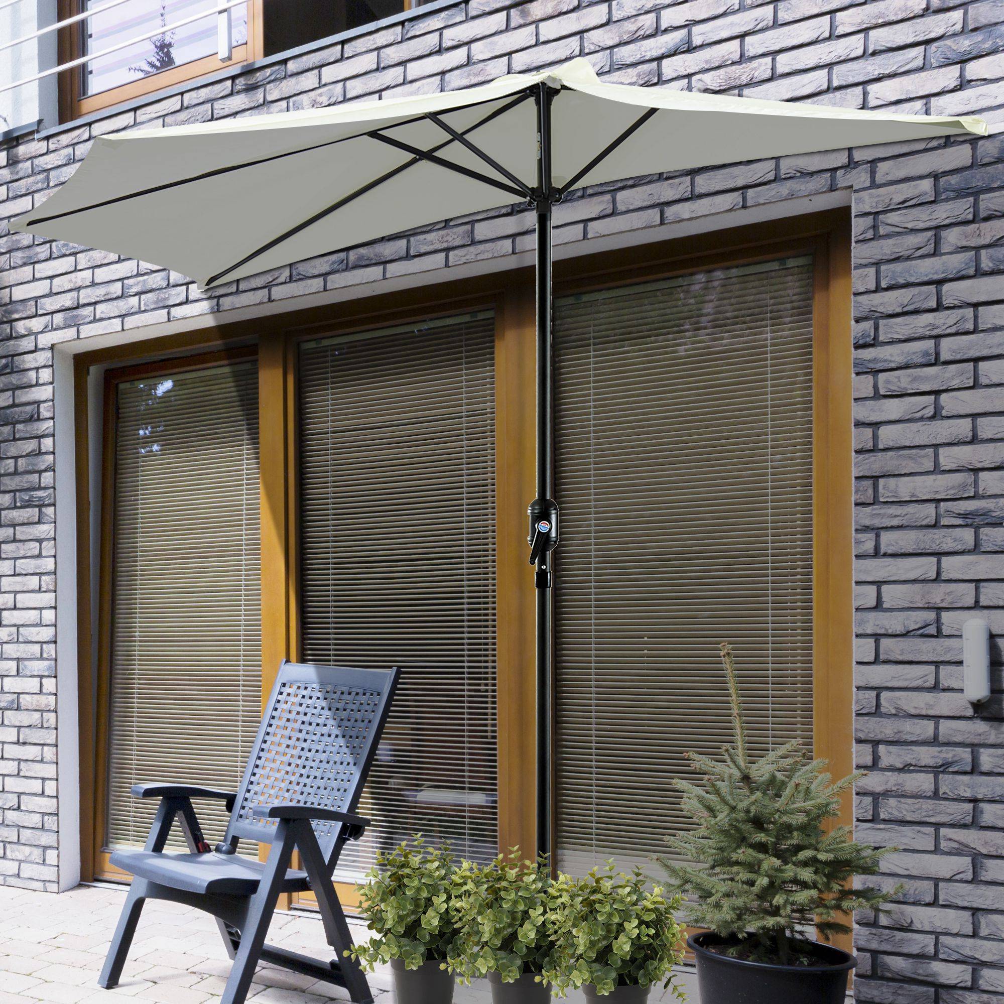 Parasol de jardin 269 x 138 x 236 cm avec manivelle et forme semi-circulaire, toile polyester 180 g/m² pour terrasse, patio et piscine, couleur crème - Image 3
