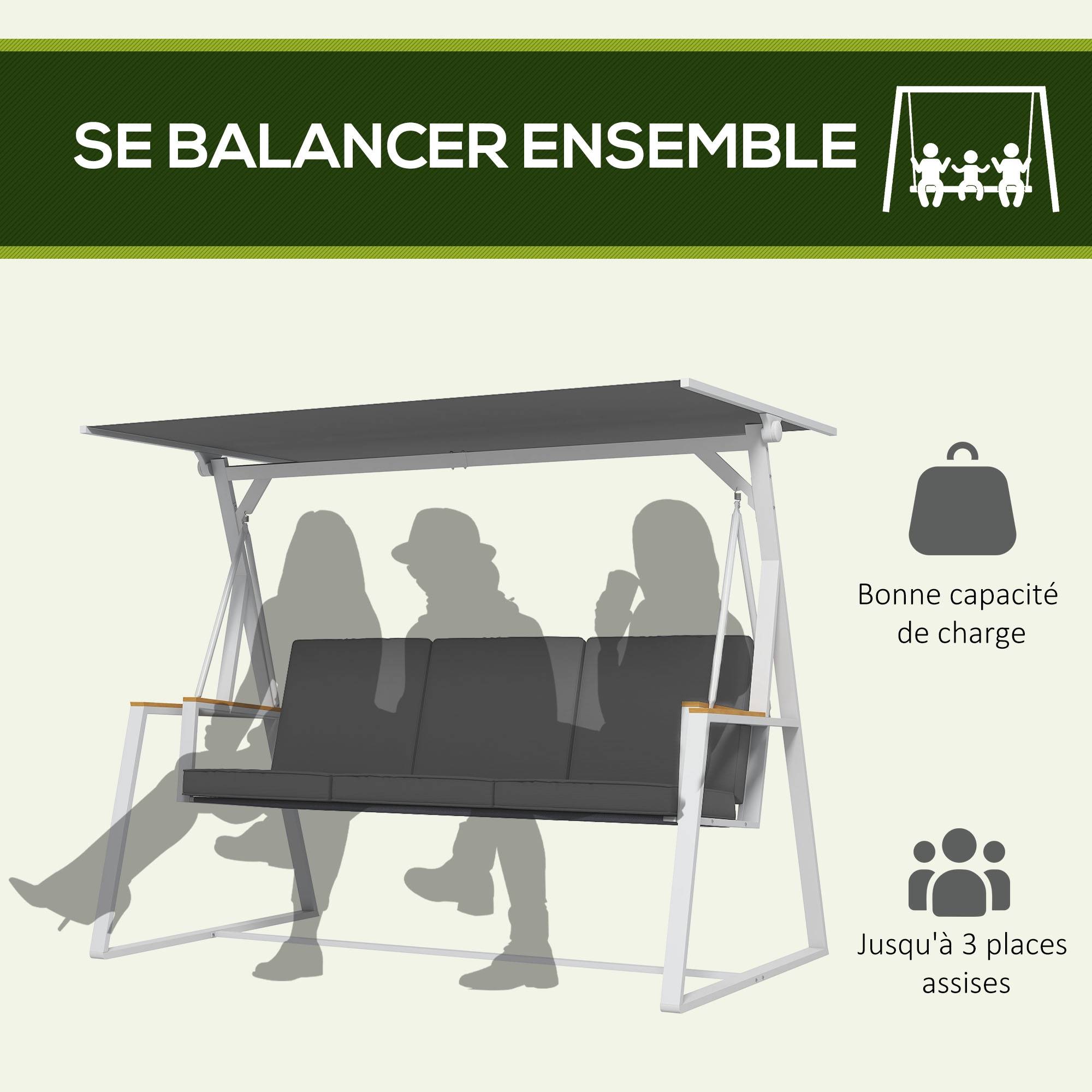 Balancelle de jardin 3 places avec toit inclinaison réglable matelas fourni dim. 205L x 130l x 175H cm gris foncé - Image 6