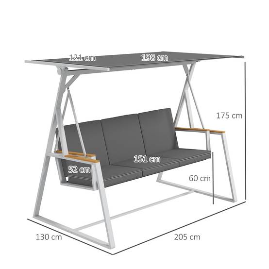 Balancelle de jardin 3 places avec toit inclinaison réglable matelas fourni dim. 205L x 130l x 175H cm gris foncé - Image 5