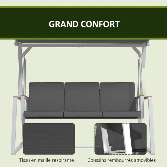 Balancelle de jardin 3 places avec toit inclinaison réglable matelas fourni dim. 205L x 130l x 175H cm gris foncé - Image 8
