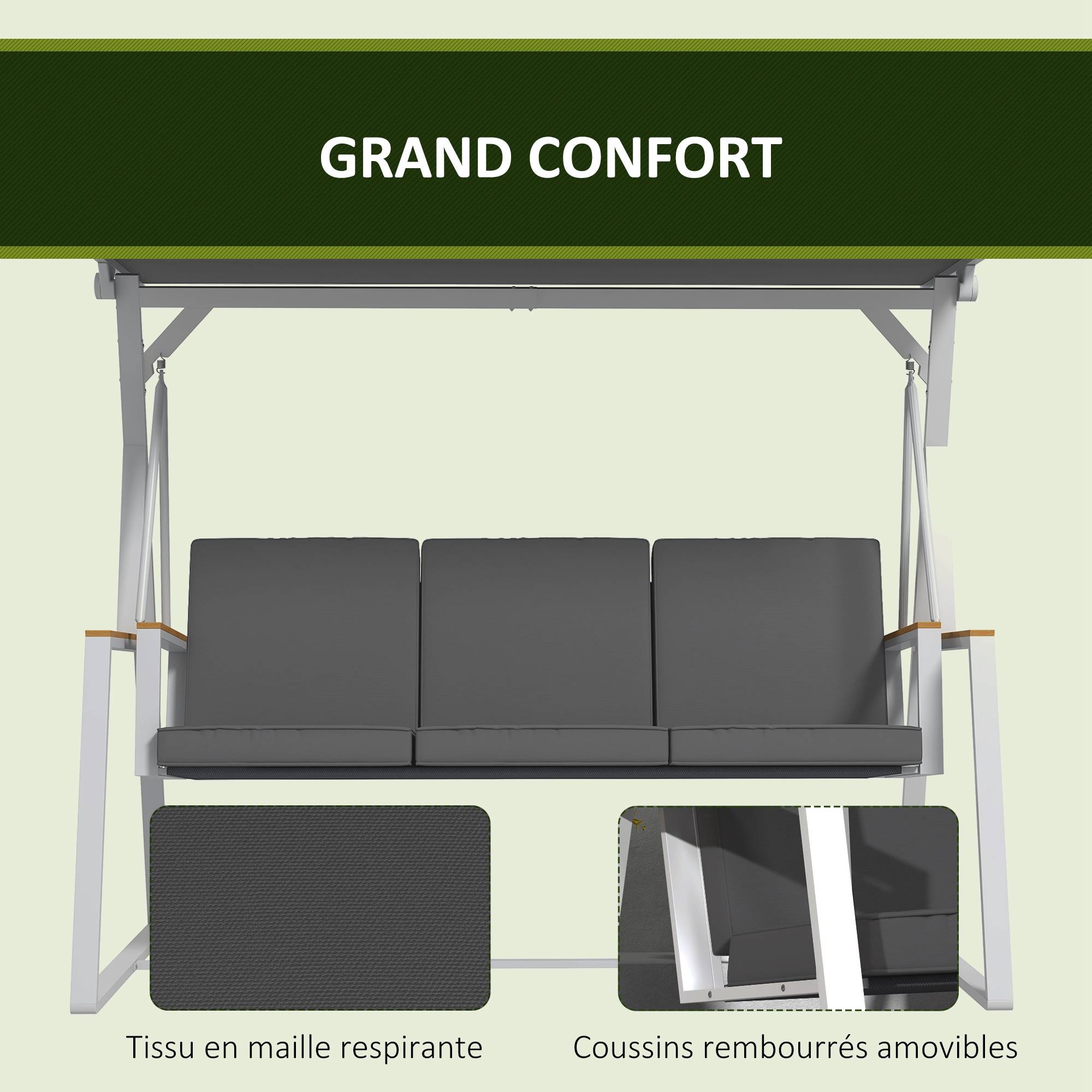 Balancelle de jardin 3 places avec toit inclinaison réglable matelas fourni dim. 205L x 130l x 175H cm gris foncé - Image 8