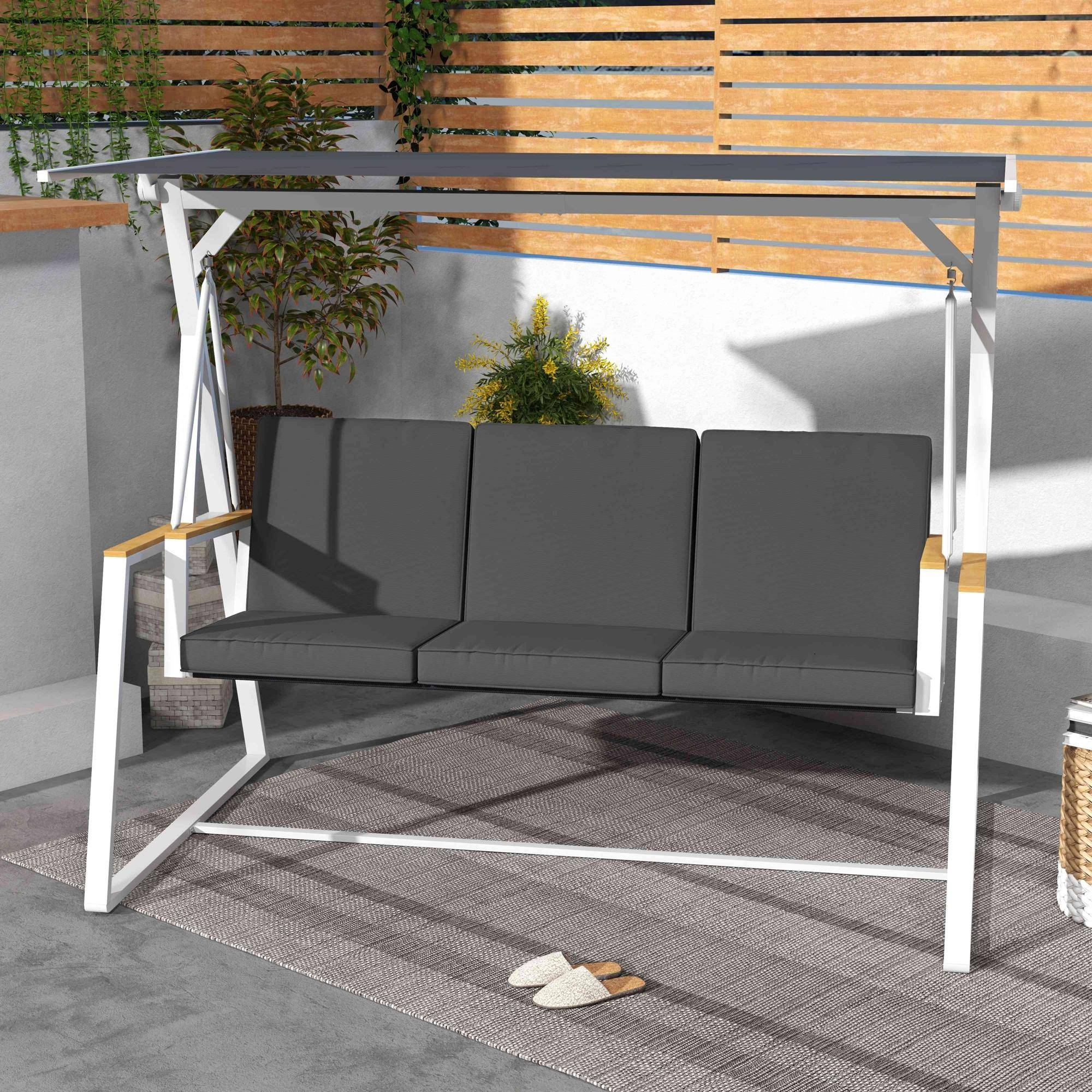 Balancelle de jardin 3 places avec toit inclinaison réglable matelas fourni dim. 205L x 130l x 175H cm gris foncé - Image 4