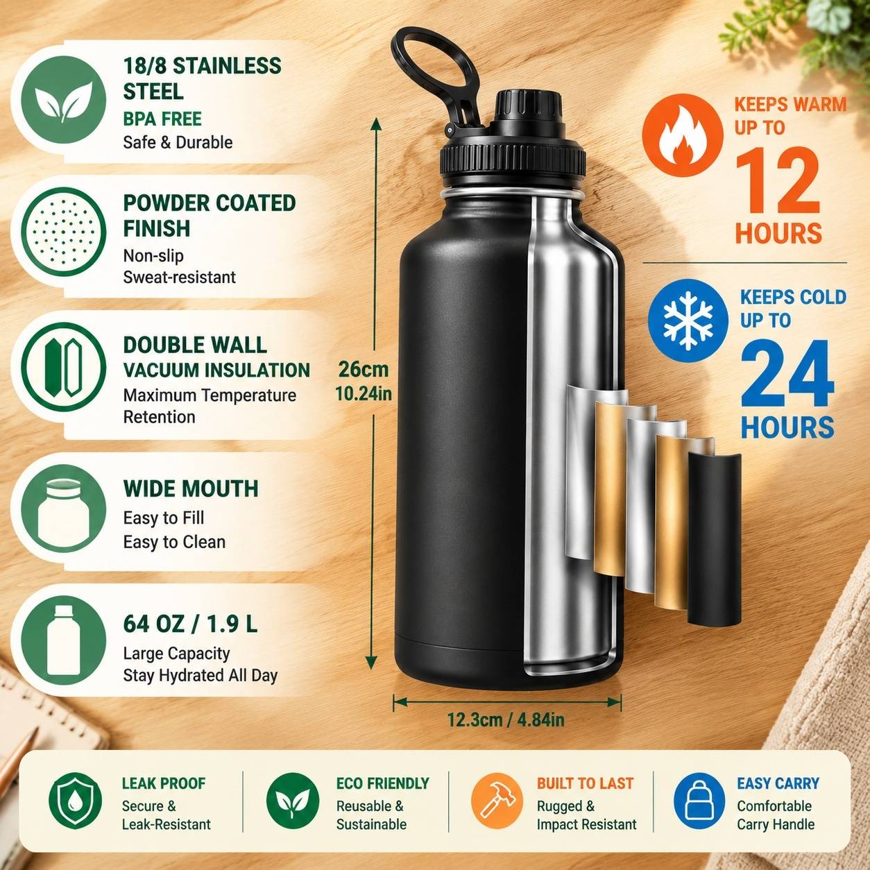 Gourde Isotherme 1,9L Acier Inox 2 Bouchons Paille Poignée Boussole Sifflet Kit Nettoyage - Image 2