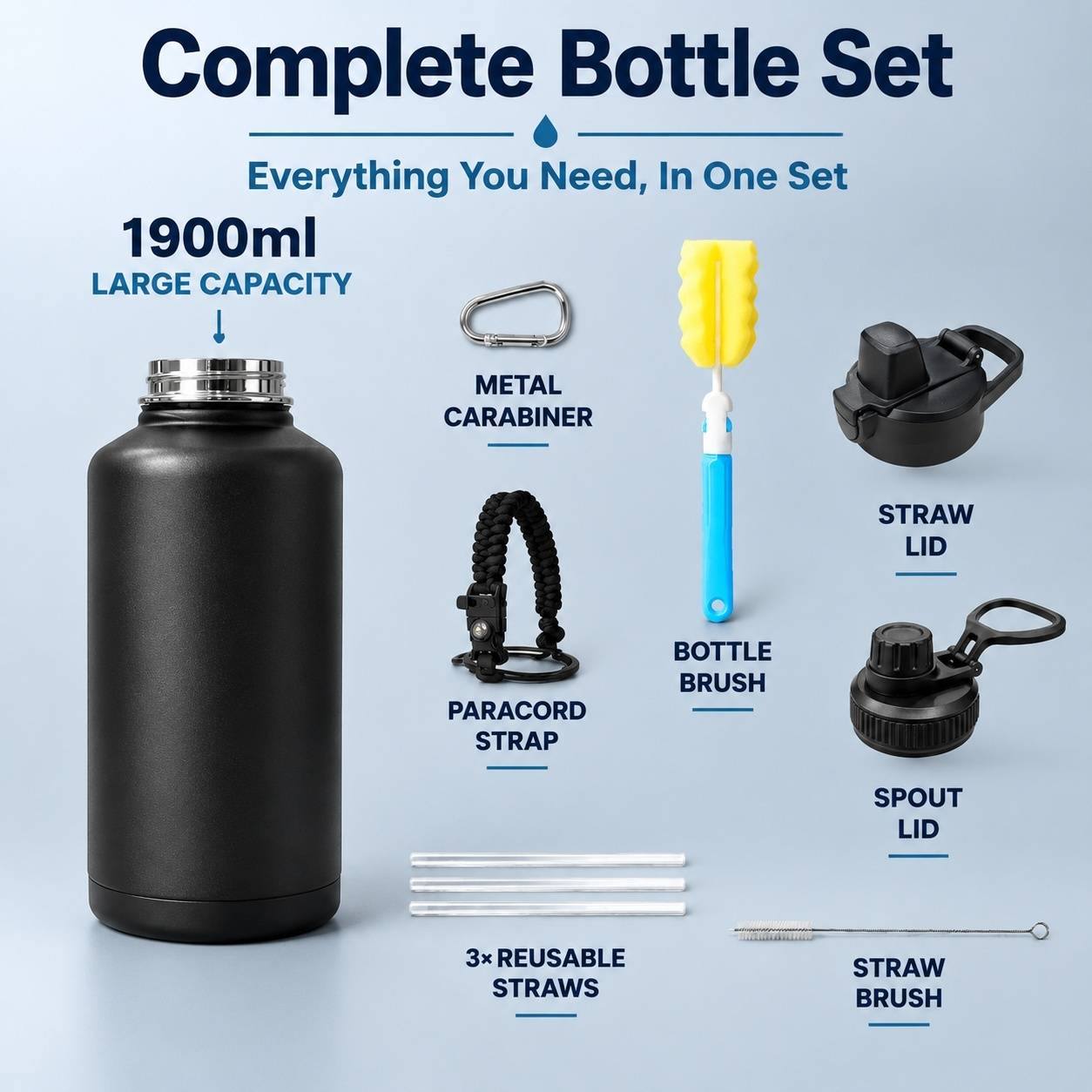Gourde Isotherme 1,9L Acier Inox 2 Bouchons Paille Poignée Boussole Sifflet Kit Nettoyage - Image 5