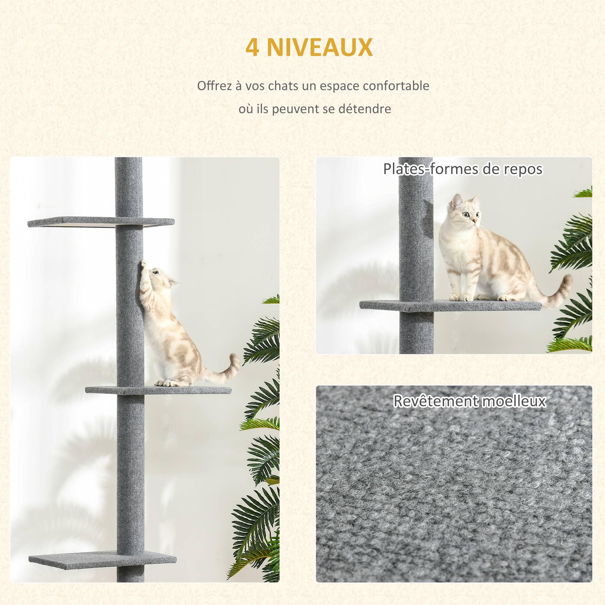Pawhut - Arbre à chat poteau à griffer hauteur réglable dim. 43L x 27I x 228-260H cm 4 niveaux d'activités gris clair - Imagen 5