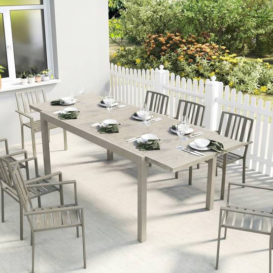 Table de jardin extensible aluminium acier 10 personnes effet bois 214cm gris argent - ComfortXL Outdoor Living - Image 3