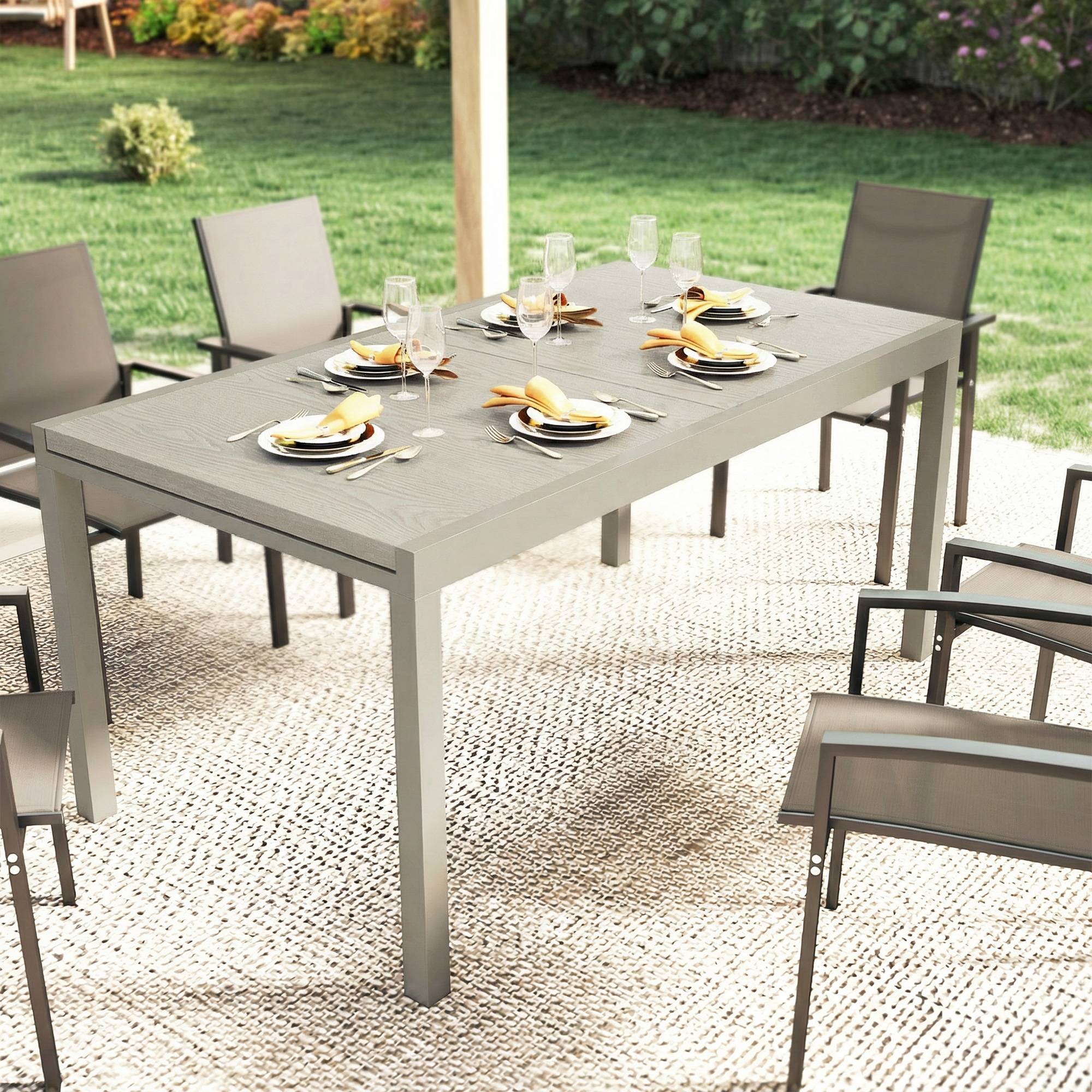 Table de jardin extensible aluminium acier 10 personnes effet bois 214cm gris argent - ComfortXL Outdoor Living - Image 10