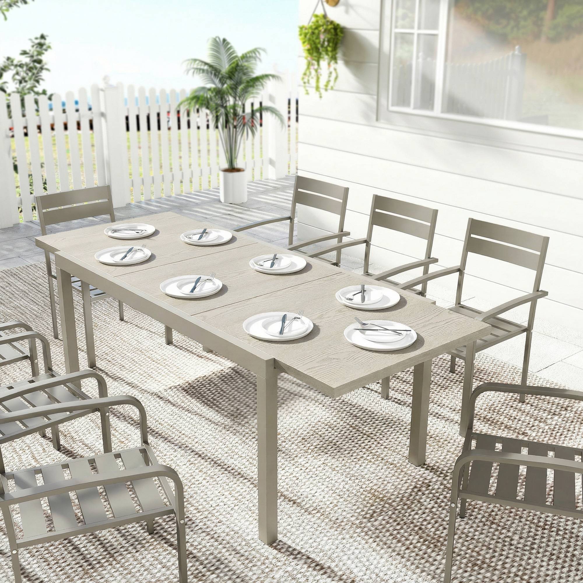 Table de jardin extensible aluminium acier 10 personnes effet bois 214cm gris argent - ComfortXL Outdoor Living - Image 4