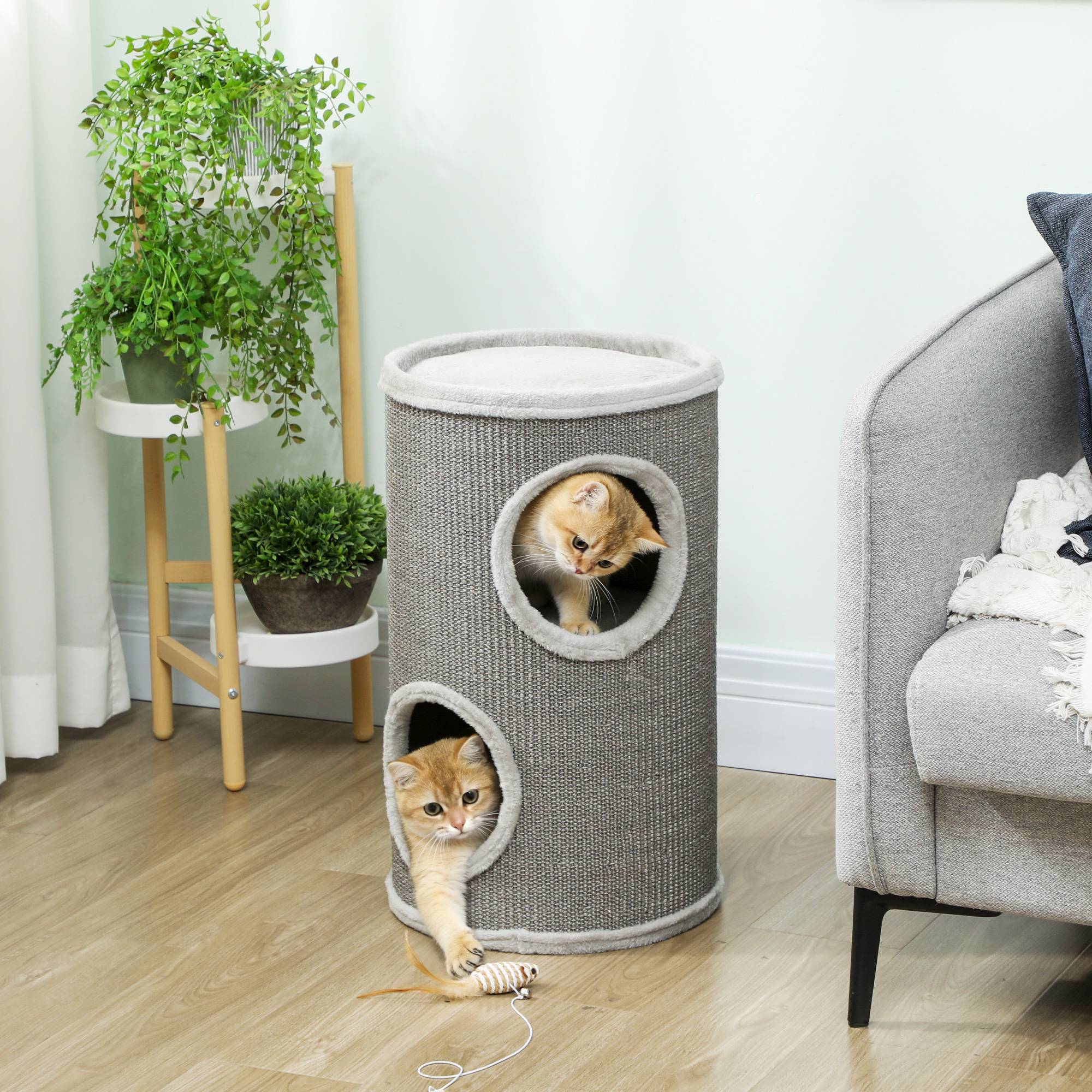 ComfortXL - Tonneau griffoir pour chat en panneaux de particules et sisal Ø 35 x 60 cm gris clair avec 2 niveaux de repos - Image 1
