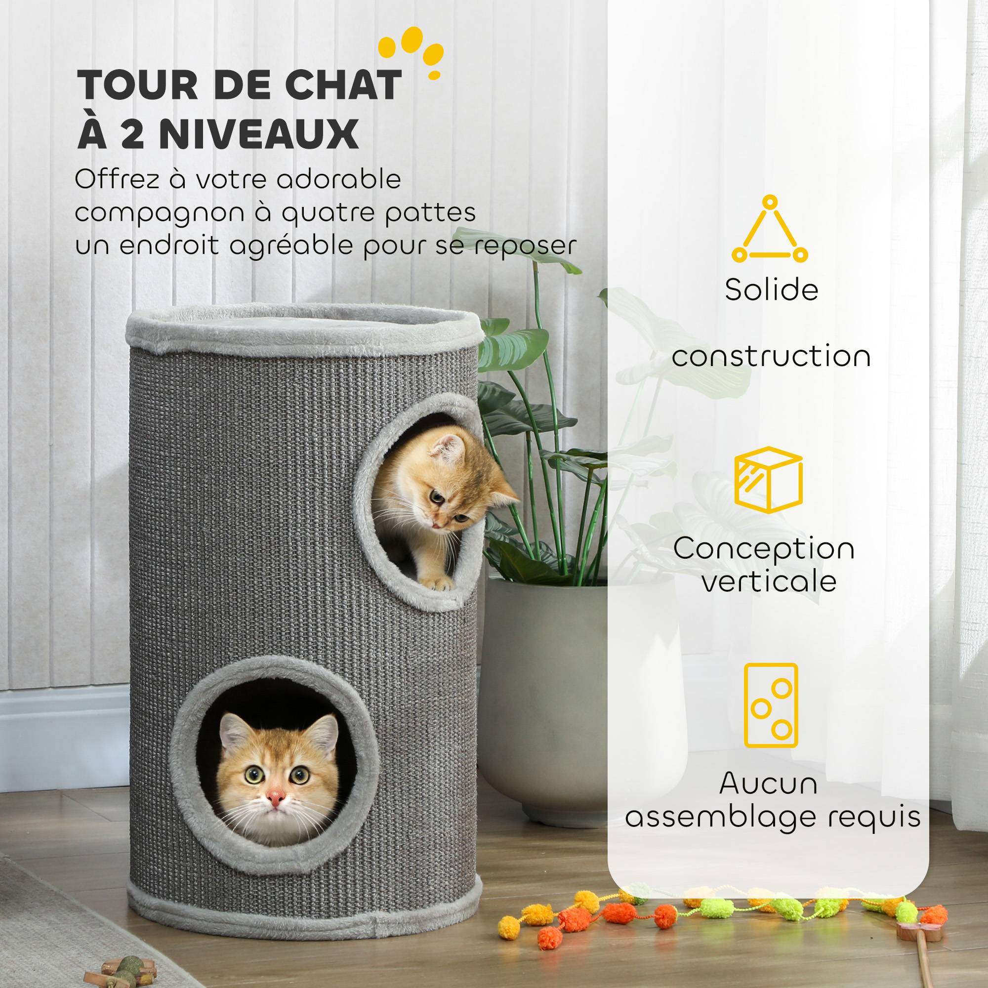 ComfortXL - Tonneau griffoir pour chat en panneaux de particules et sisal Ø 35 x 60 cm gris clair avec 2 niveaux de repos - Image 4