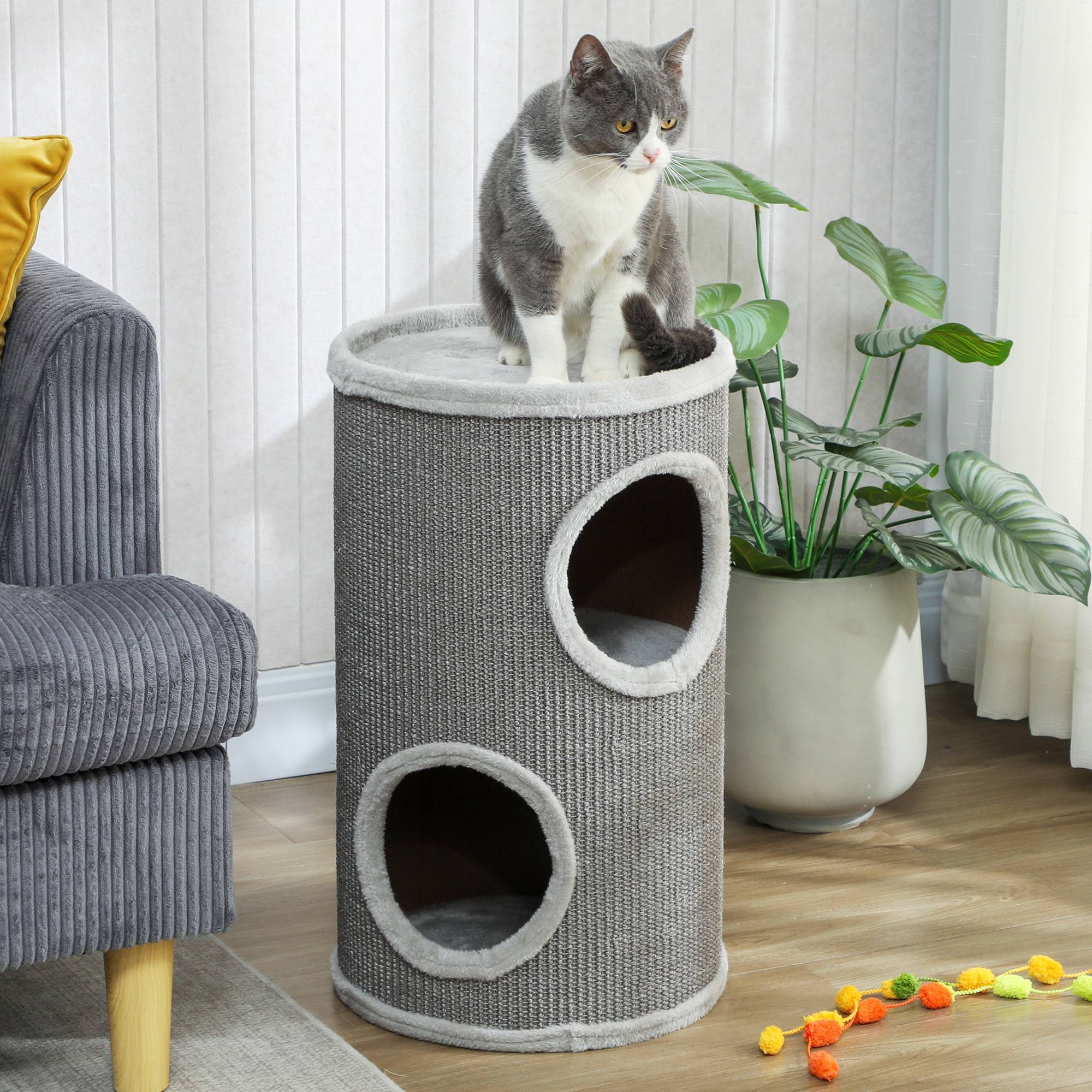 ComfortXL - Tonneau griffoir pour chat en panneaux de particules et sisal Ø 35 x 60 cm gris clair avec 2 niveaux de repos - Image 7