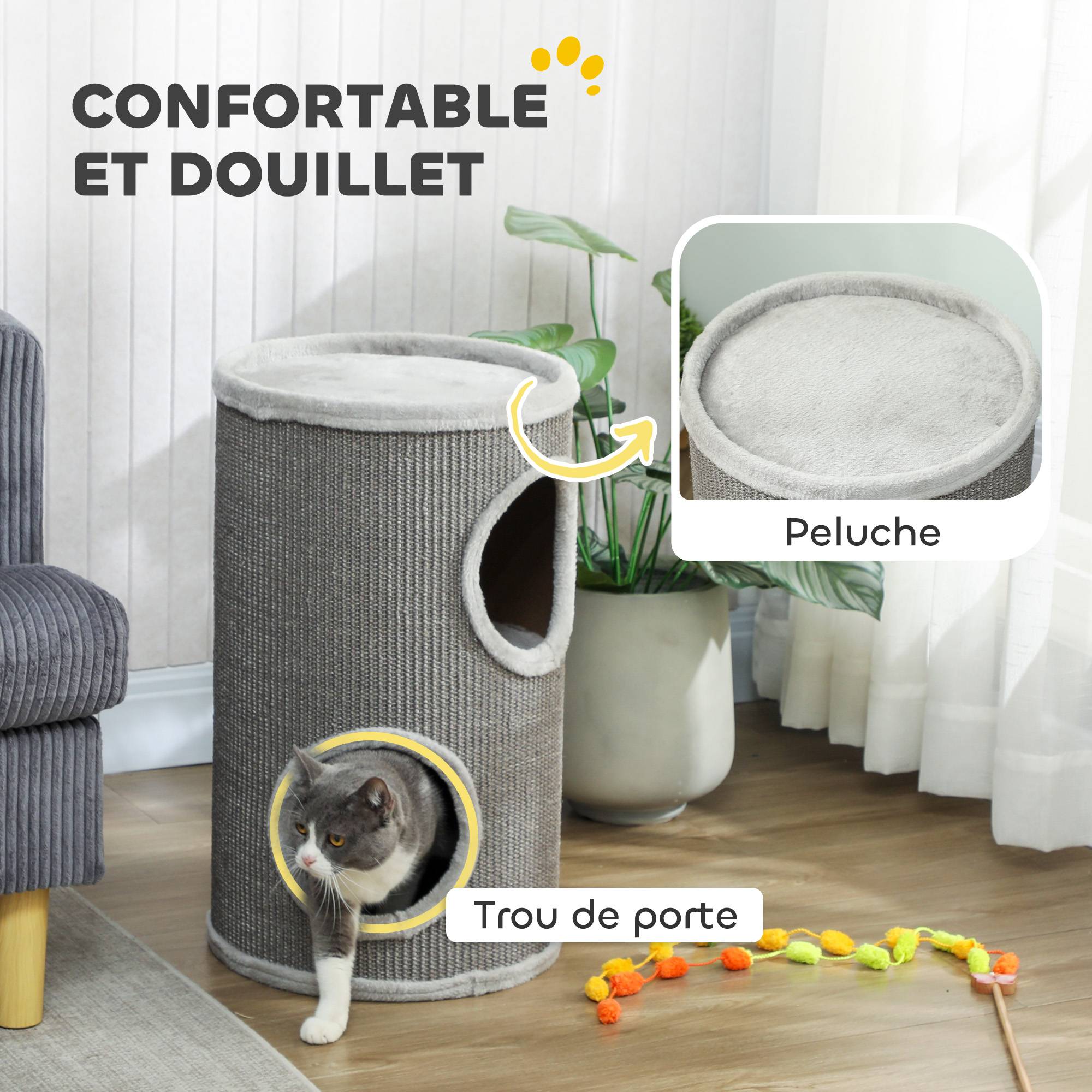 ComfortXL - Tonneau griffoir pour chat en panneaux de particules et sisal Ø 35 x 60 cm gris clair avec 2 niveaux de repos - Image 6