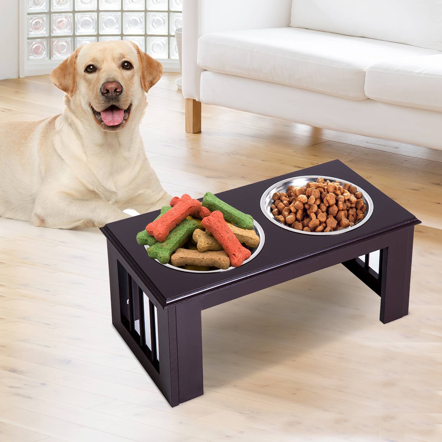 Support de gamelles pour chien MDF et acier gris 58.4 x 30.5 x 25.4 cm - PANGIVO - Image 4