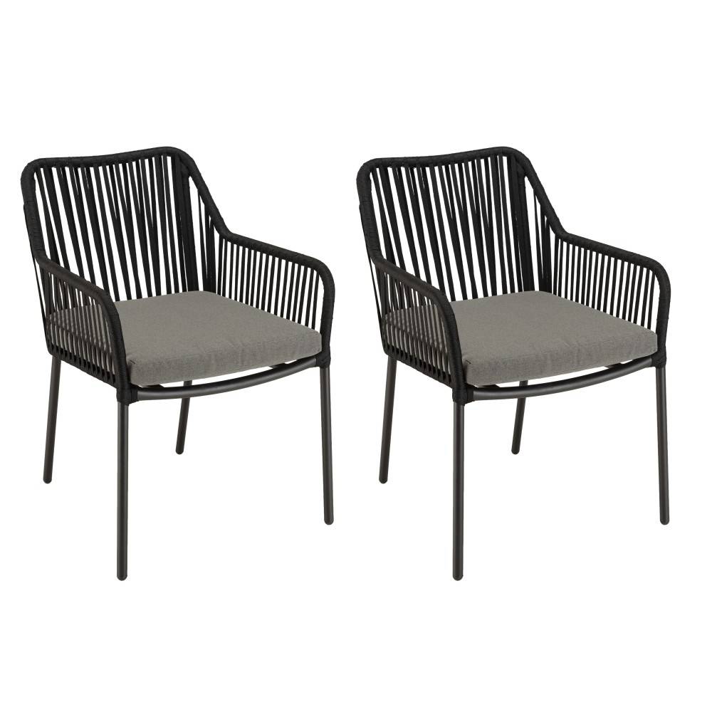 Macabane - MALO - Ensemble de jardin - Table diam 70cm + 2 fauteuils gris/noirs - Imagen 7