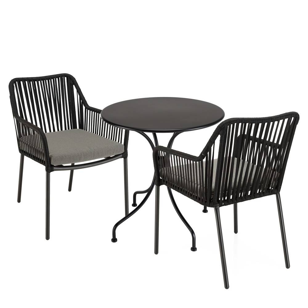 Macabane - MALO - Ensemble de jardin - Table diam 70cm + 2 fauteuils gris/noirs - Imagen 1