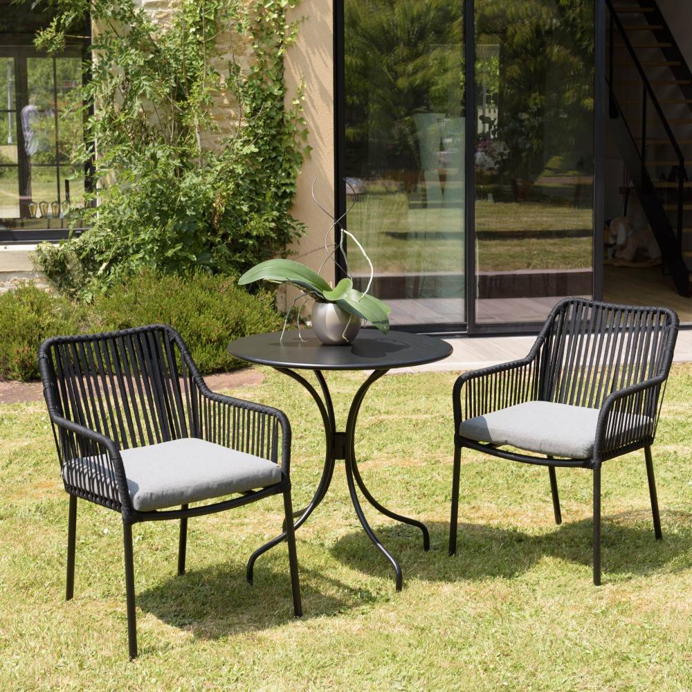 Macabane - MALO - Ensemble de jardin - Table diam 70cm + 2 fauteuils gris/noirs - Imagen 2