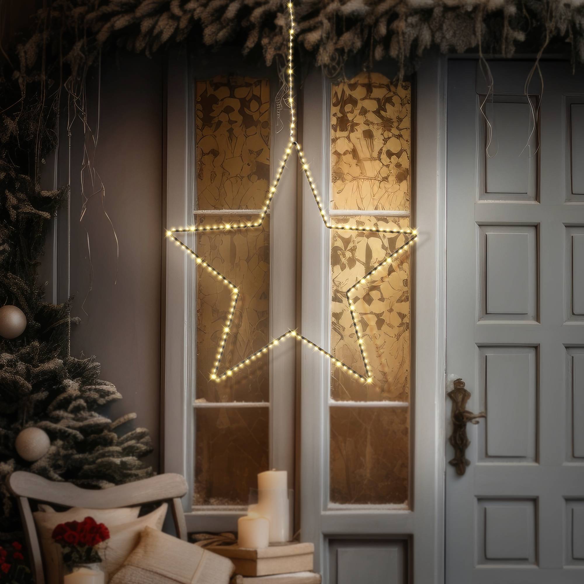Ecd-Germany - Étoile de Noël 204 LED décoration lumineuse fenêtre sapin minuterie IP44 58 cm - Imagen 8