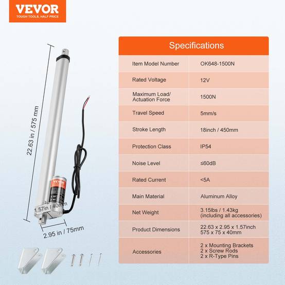 Vevor - VEVOR Actionneur linéaire 12V 450mm 1500N 5mm/s, IP54, pour meubles, automatisation, équipements mécaniques. - Image 7