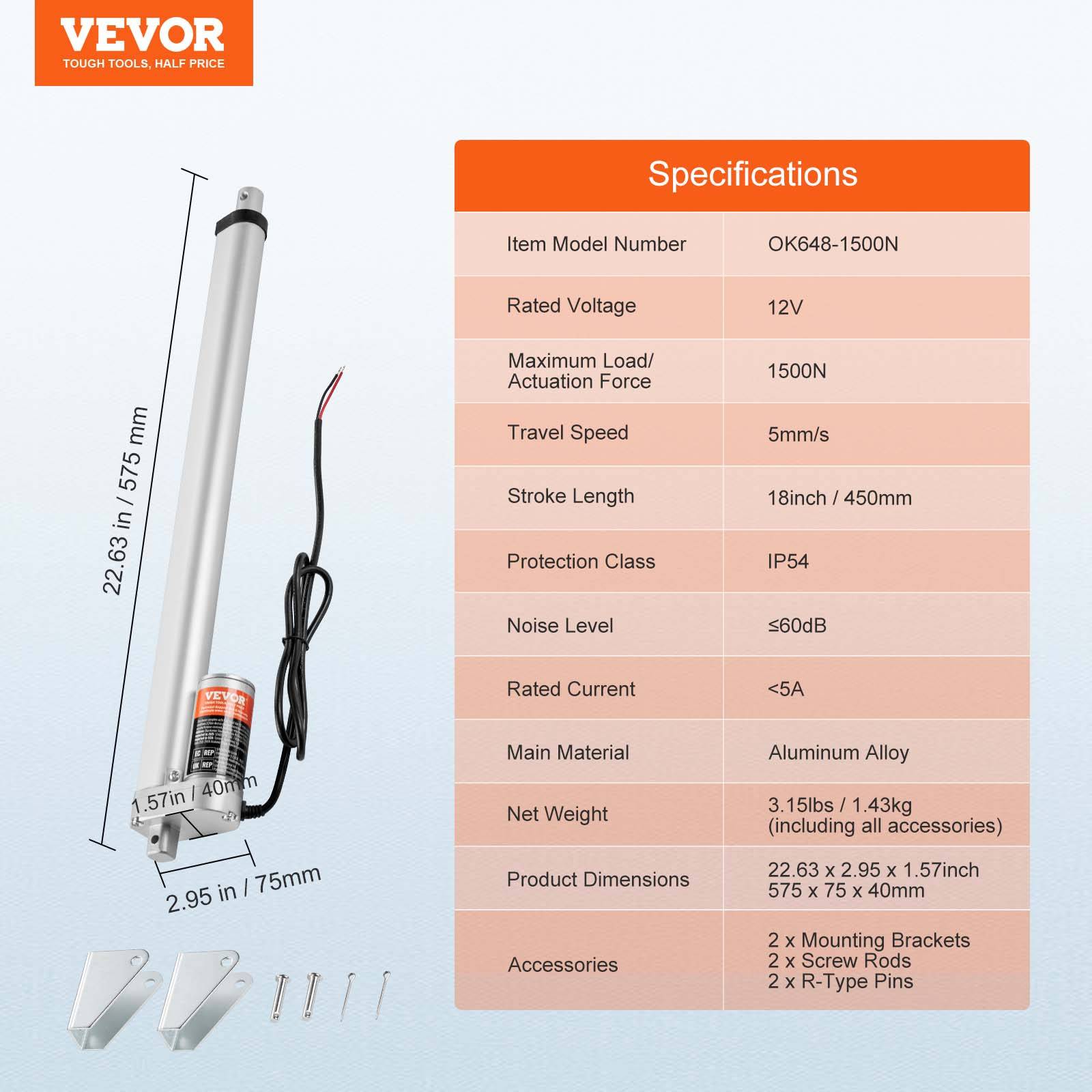 Vevor - VEVOR Actionneur linéaire 12V 450mm 1500N 5mm/s, IP54, pour meubles, automatisation, équipements mécaniques. - Image 7