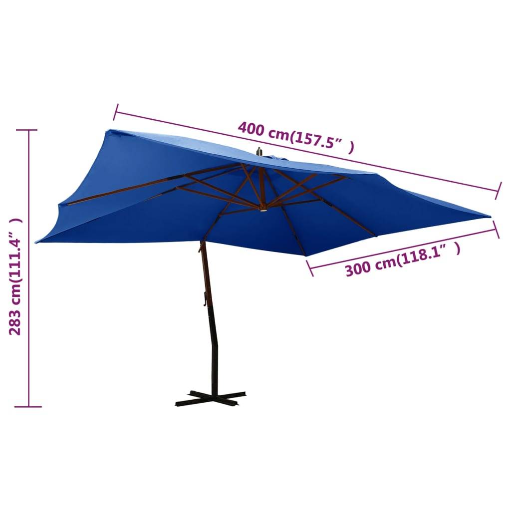 Helloshop26 - Parasol meuble de jardin en porte-à-faux avec mât en bois 400 x 300 cm bleu azuré - Imagen 7
