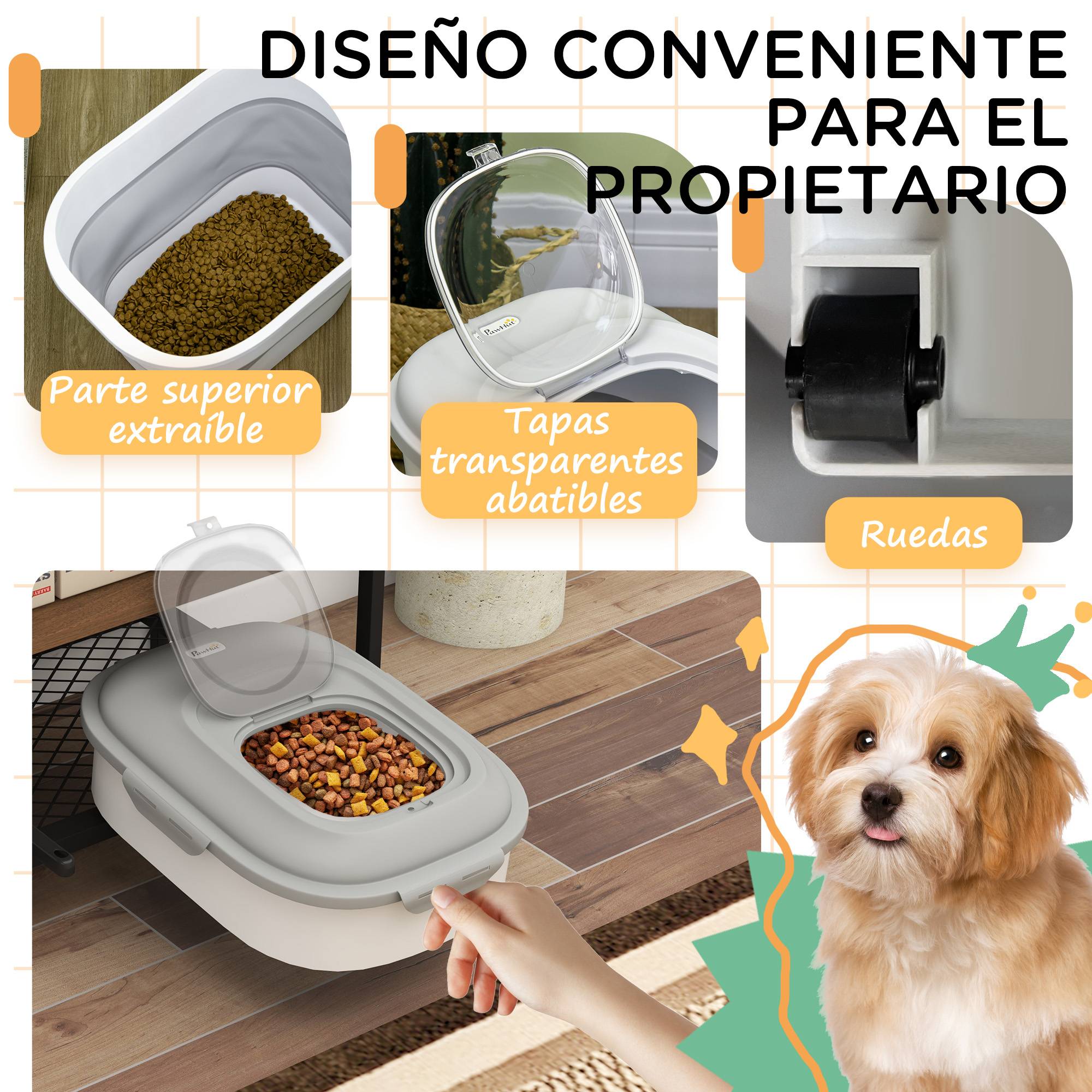 Conteneur à croquettes pour chien de 25 L avec roulettes, verre doseur, gamelle pliable et pelle, gris - Image 6