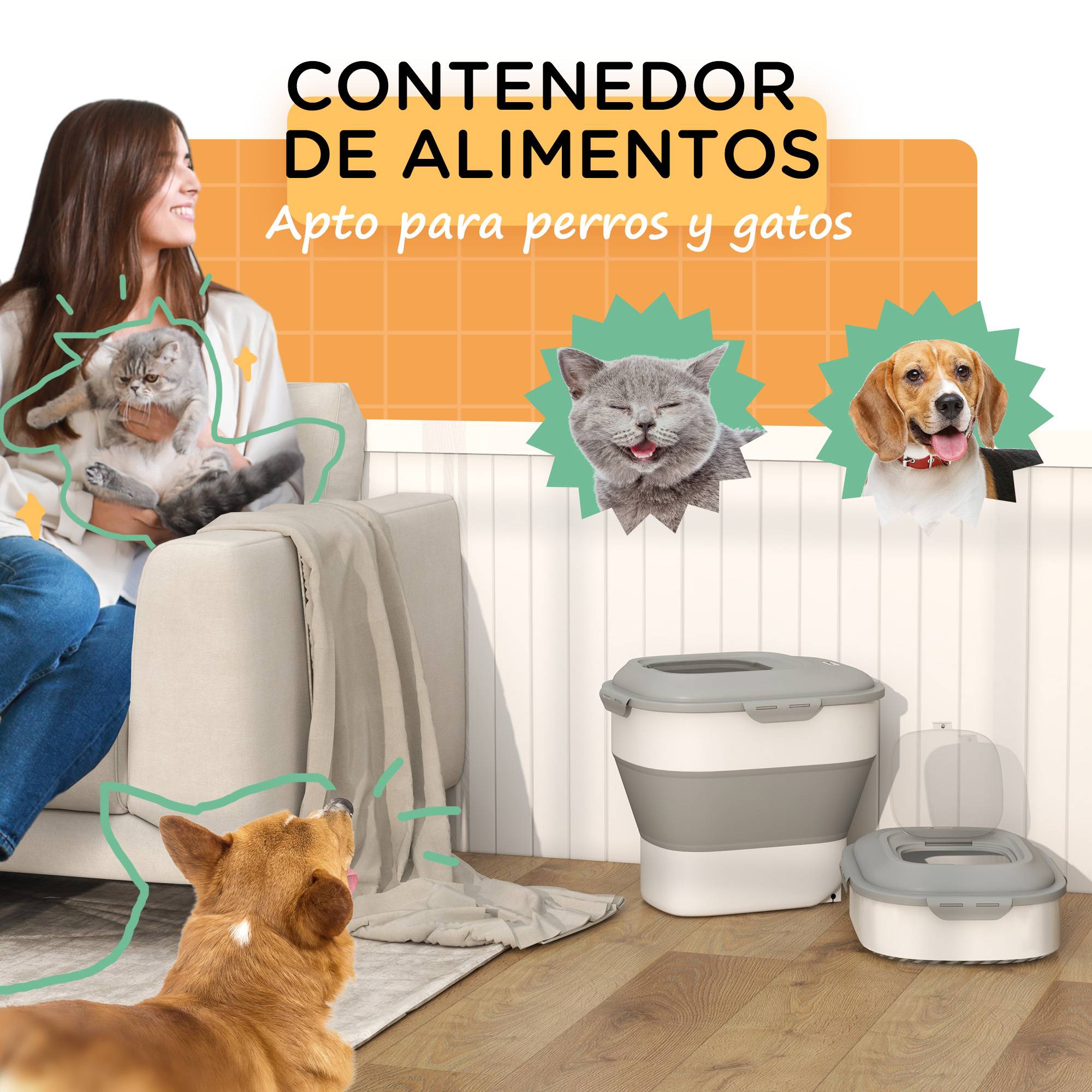 Conteneur à croquettes pour chien de 25 L avec roulettes, verre doseur, gamelle pliable et pelle, gris - Image 9