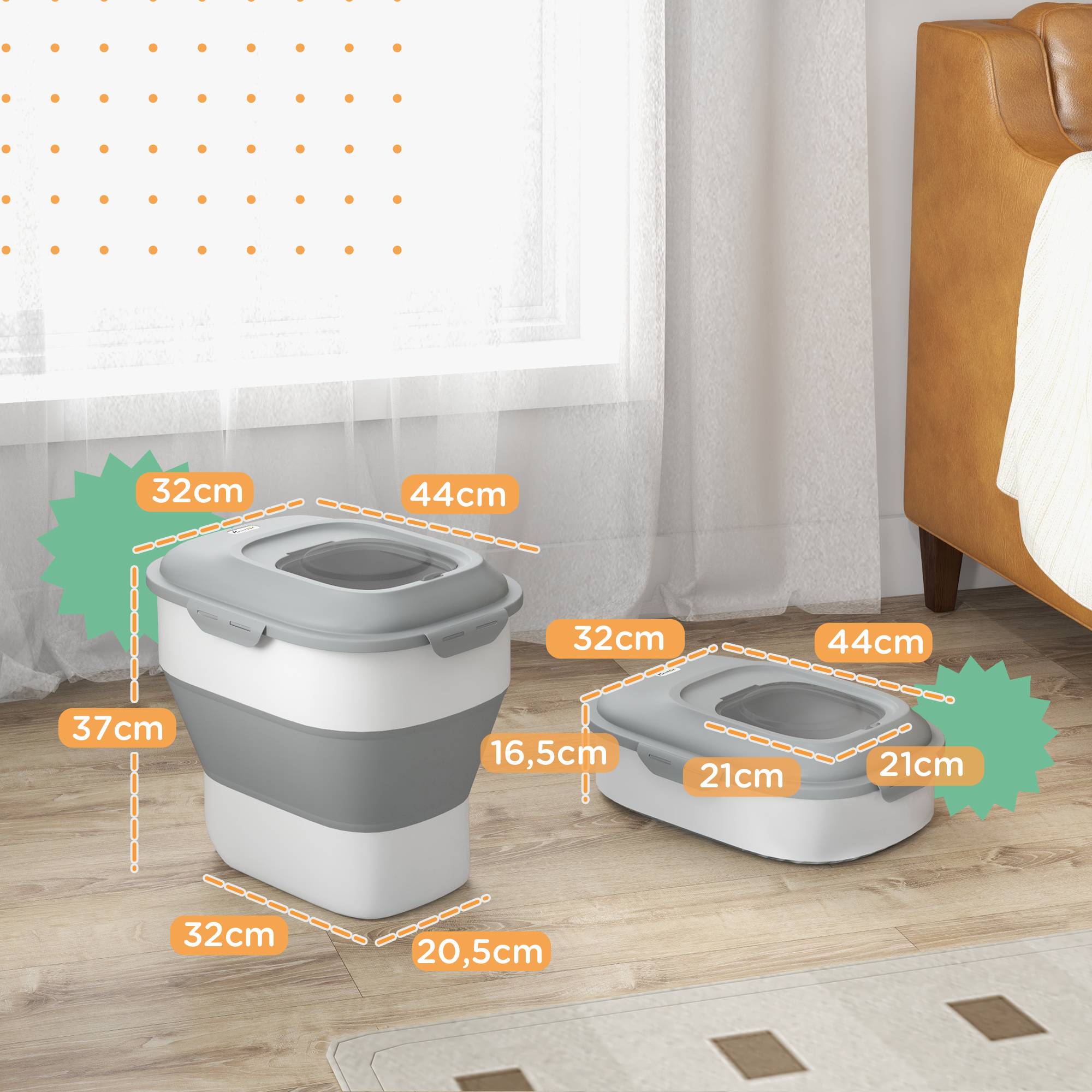Conteneur à croquettes pour chien de 25 L avec roulettes, verre doseur, gamelle pliable et pelle, gris - Image 5