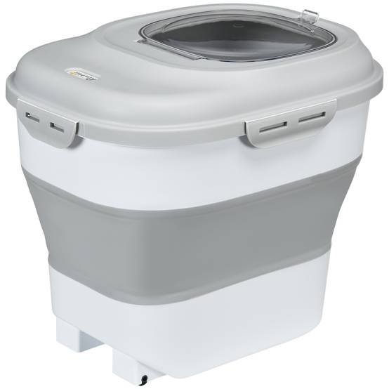 Conteneur à croquettes pour chien de 25 L avec roulettes, verre doseur, gamelle pliable et pelle, gris - Image 2