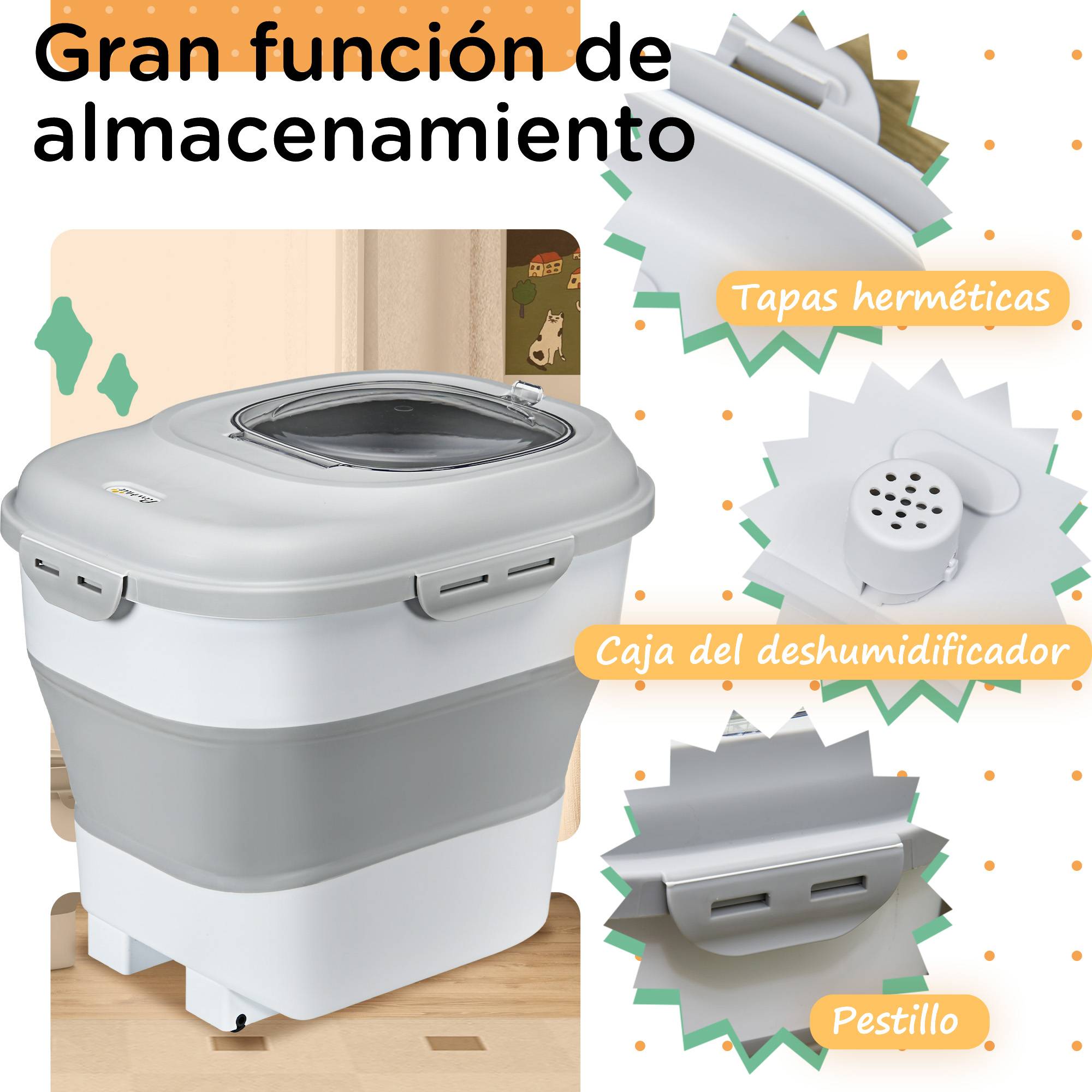 Conteneur à croquettes pour chien de 25 L avec roulettes, verre doseur, gamelle pliable et pelle, gris - Image 8