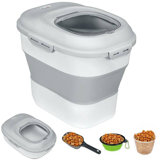 Conteneur à croquettes pour chien de 25 L avec roulettes, verre doseur, gamelle pliable et pelle, gris - Image 1
