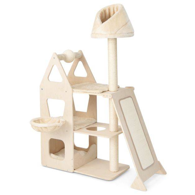 Helloshop26 - Arbre à chat en bois massif 162 cm tour de chat multicouche balle et poteaux rotatifs à gratter rampe de sisal beige - Imagen 2