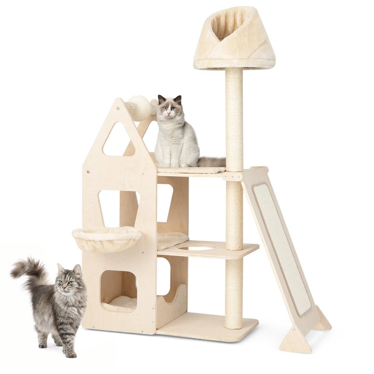 Helloshop26 - Arbre à chat en bois massif 162 cm tour de chat multicouche balle et poteaux rotatifs à gratter rampe de sisal beige - Imagen 1