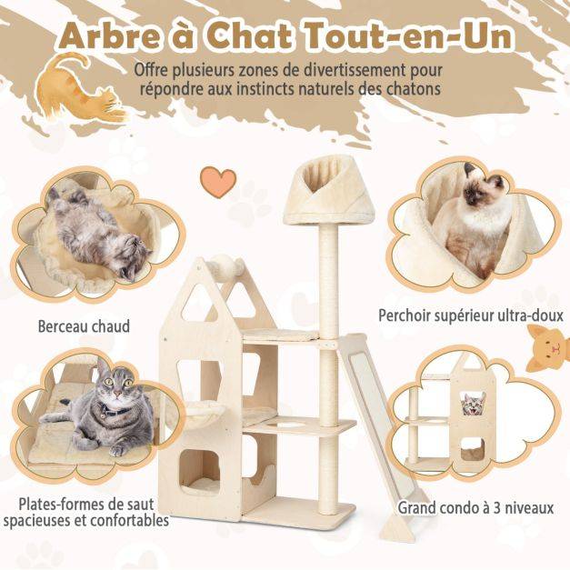 Helloshop26 - Arbre à chat en bois massif 162 cm tour de chat multicouche balle et poteaux rotatifs à gratter rampe de sisal beige - Imagen 3