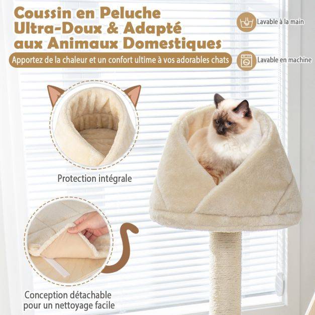 Helloshop26 - Arbre à chat en bois massif 162 cm tour de chat multicouche balle et poteaux rotatifs à gratter rampe de sisal beige - Imagen 4