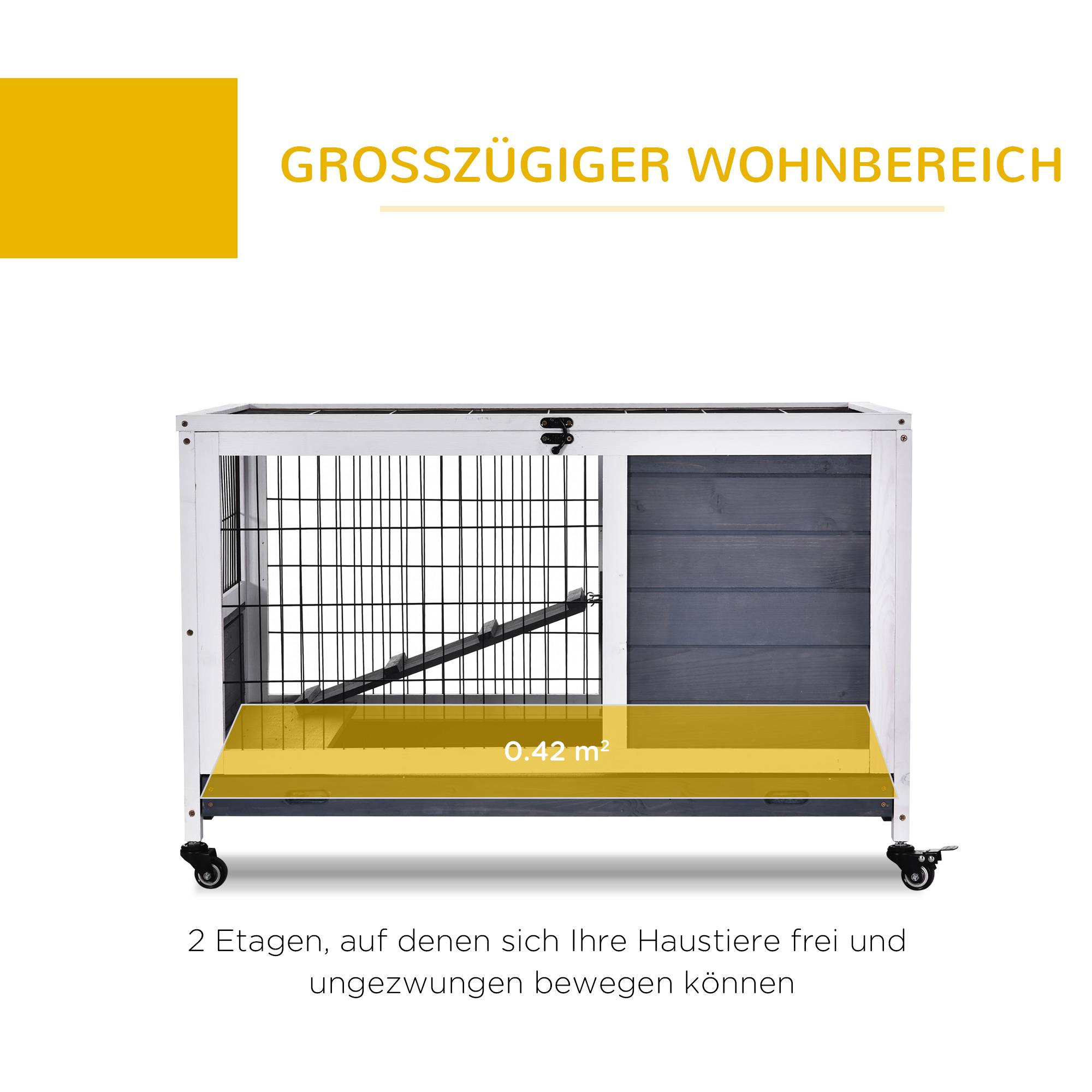 Cage lapins bois, roues, toit ouvrant, rampe, plateau extractible, hiver, 90 x 53 x 59 cm, blanc - Image 6