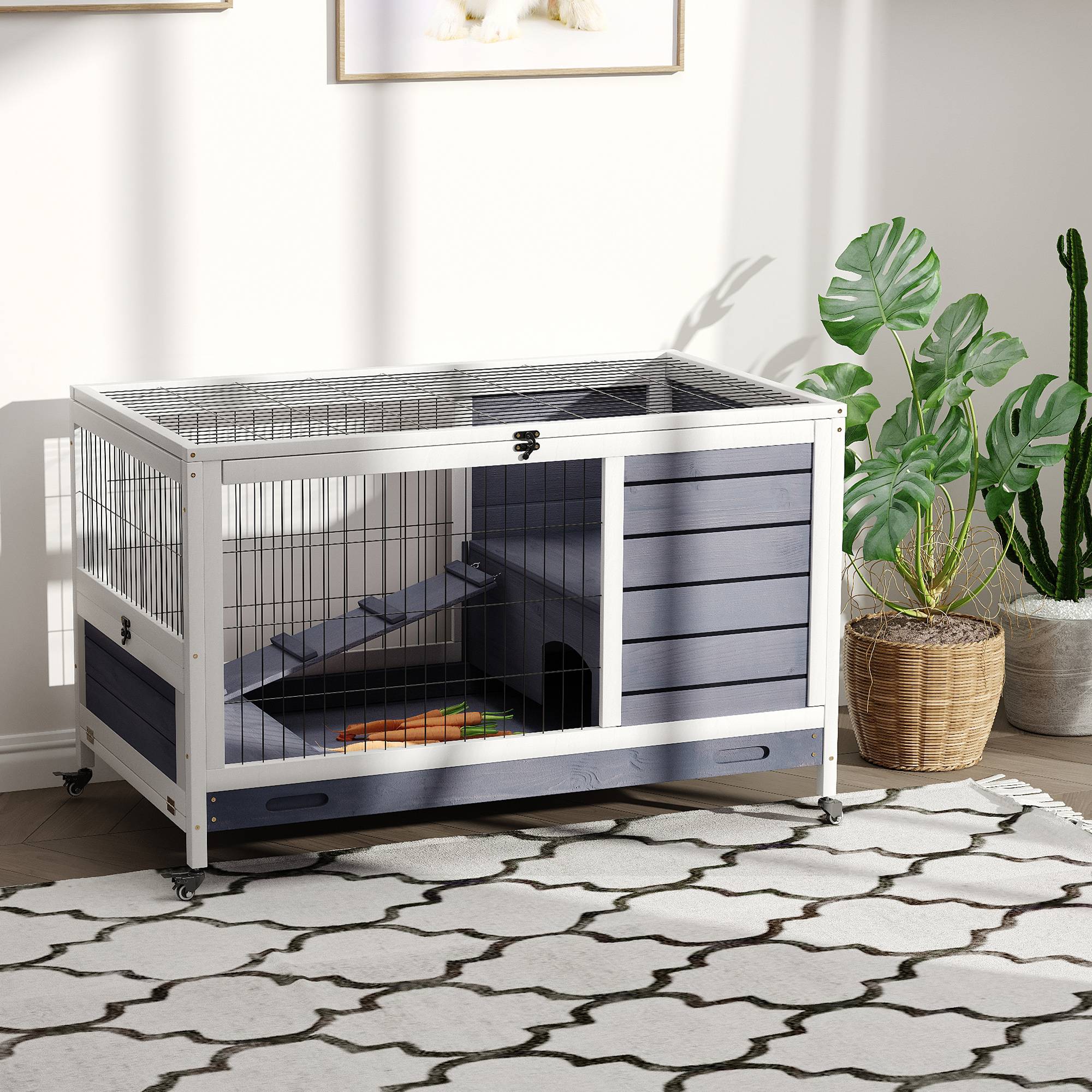 Cage lapins bois, roues, toit ouvrant, rampe, plateau extractible, hiver, 90 x 53 x 59 cm, blanc - Image 4